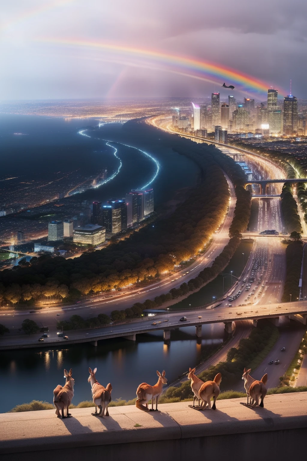 Wide Shot of a herd of 4 kangaroos standing in foreground, background of a highway next to a river, full of cars, warm cinematic colours, tall skyscraper in the middle of Melbourne city with river in background looking at the camera curiously, (((wide shot))), cars driving in background, beautiful sunset in background, overcast, (((rainbow))), 4 standing Kangaroos, skyscrapers, river in the background, beach, (((greenery))), (((golden sparkles))), beautiful scenery, Melbourne city, (((Melbourne Cricket Ground in background))), (((Melbourne skyline))), buildings, city skyline, vibrant sky, (((subject: a herd of 4 kangaroos standing in front of highway looking at the camera))), (((cinematic photo))), epic, hyper realistic photo, 8k render, curious animals, overcast, (((herd of kangaroos))), rainbow in sky, MCG, candid photo, Aussie, city life, (((top view shot))), numerous kangaroos, (((wide shot)))