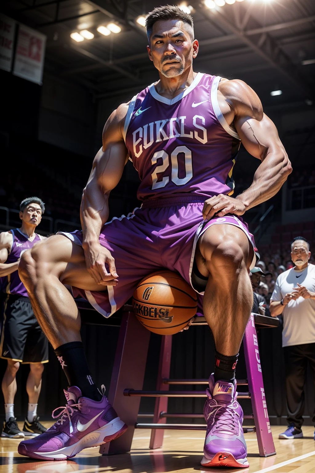 50-year-old middle-aged man,grampa,Man,Height 195,Asian people,sit on chair,God perspective,Directly opposite,Chinese men,musculature,Lift one foot,Wearing a fuchsia Nike basketball vest,Red basketball pants,The number 18 is written on the basketball suit,Purple yellow Nike high-leg basketball shoes,Rope in hand,Ferocious and ferocious,The background is a prison