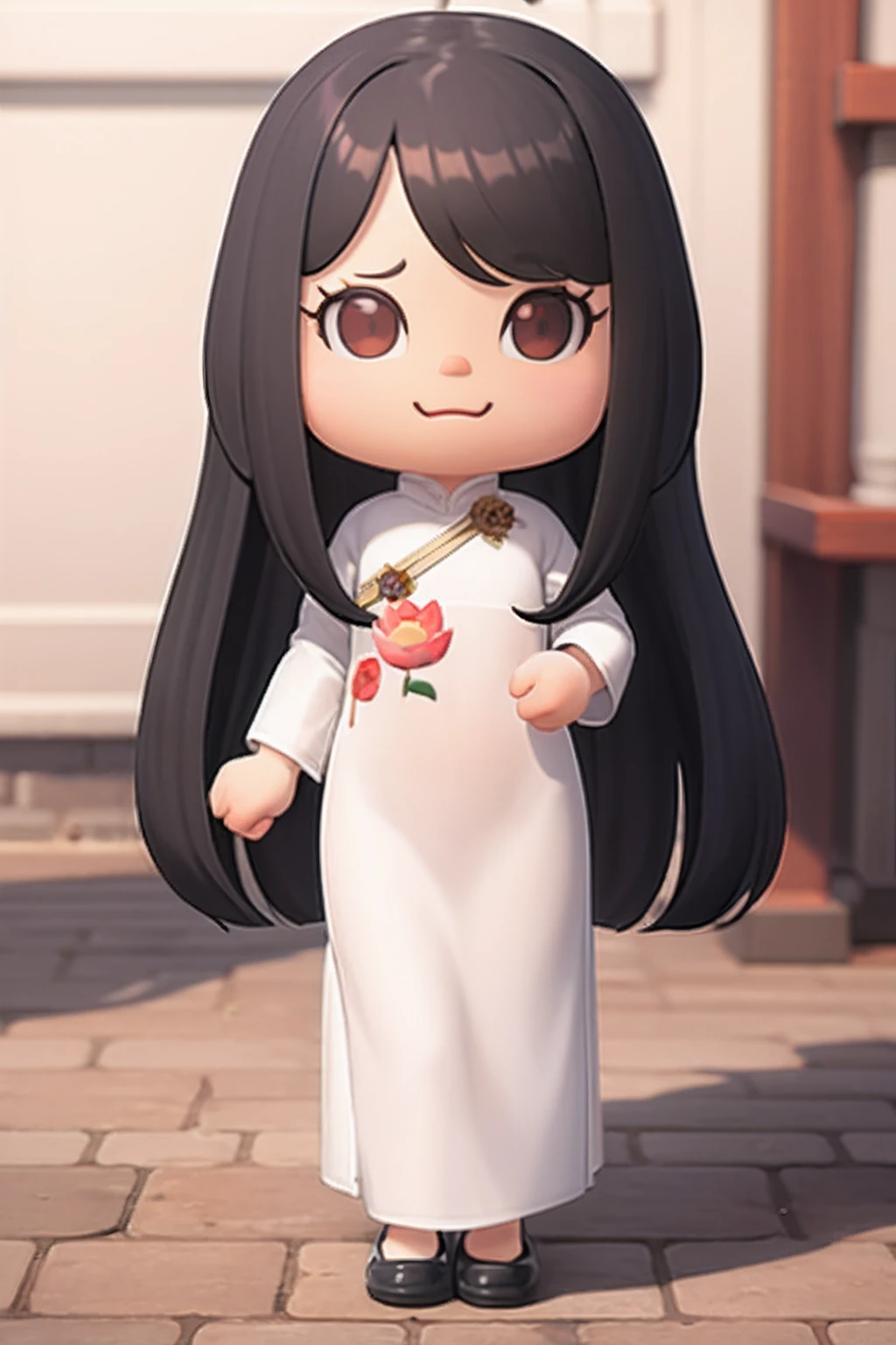 masterpiece, best quality,  (chibi:1.2), black, long hair, vietnam, ao dai, brown eyes, lotus , 3d model