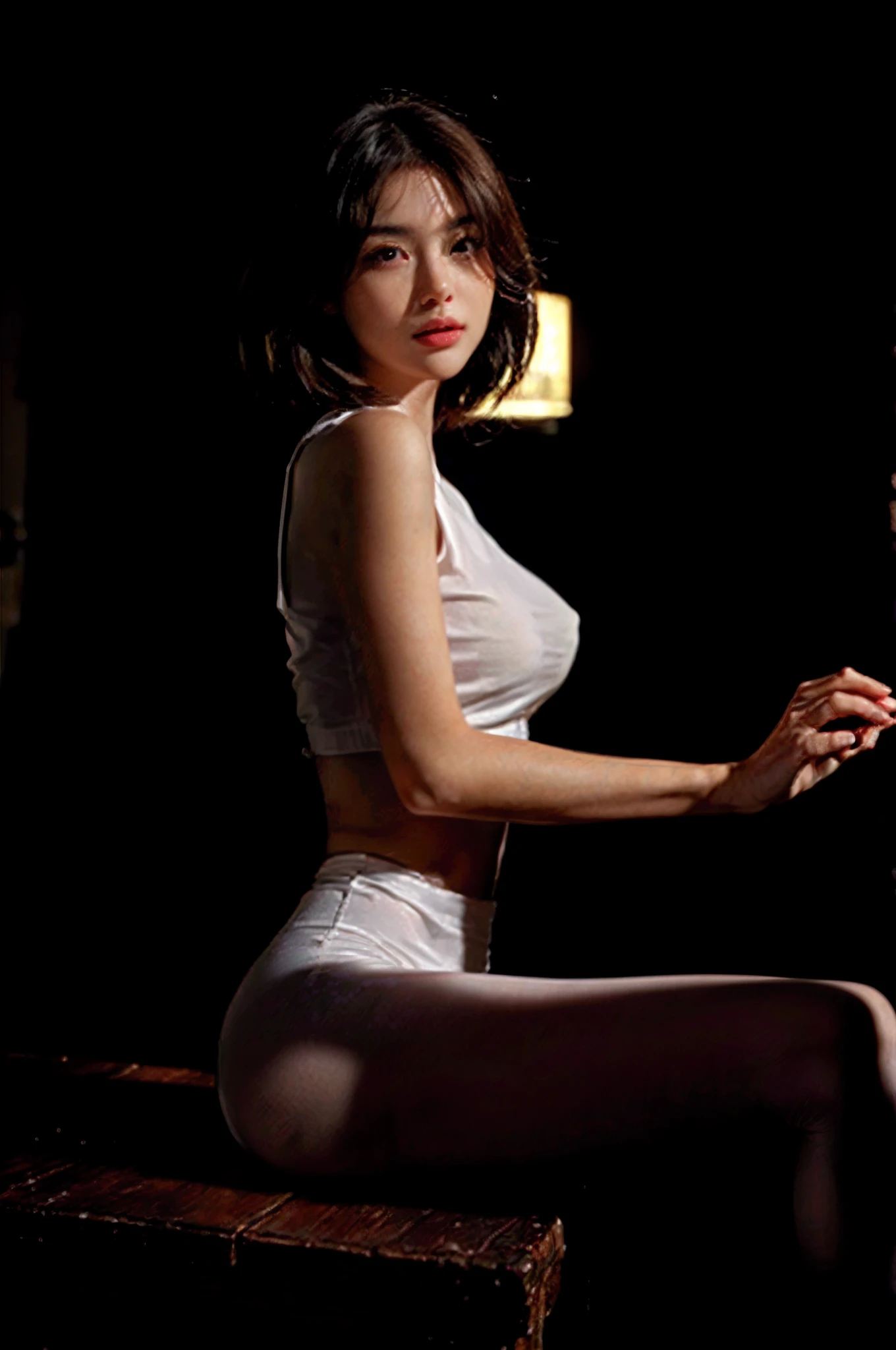 ultra realistic 8k cg, picture-perfect face, flawless, clean, masterpiece, professional artwork, famous artwork, perfect face, beautiful face, beautiful eyes, ((perfect female body)), solo,(immersive atmosphere, chiaroscuro:1.5,bright light:1.2,luminous lighting)
,,(blush:0.5),seductive expression,extremely detailed_eyes,thick thighs,large breasts,
beautifully detailed background,depth of field,realistic:1.3, long shot,1girl,wonderbra, sitting, full body,
(ambient light:1.3),(cinematic composition:1.3),(neon lights:0.1),(HDR:0.1),Accent Lighting, white pantyhose,open legs