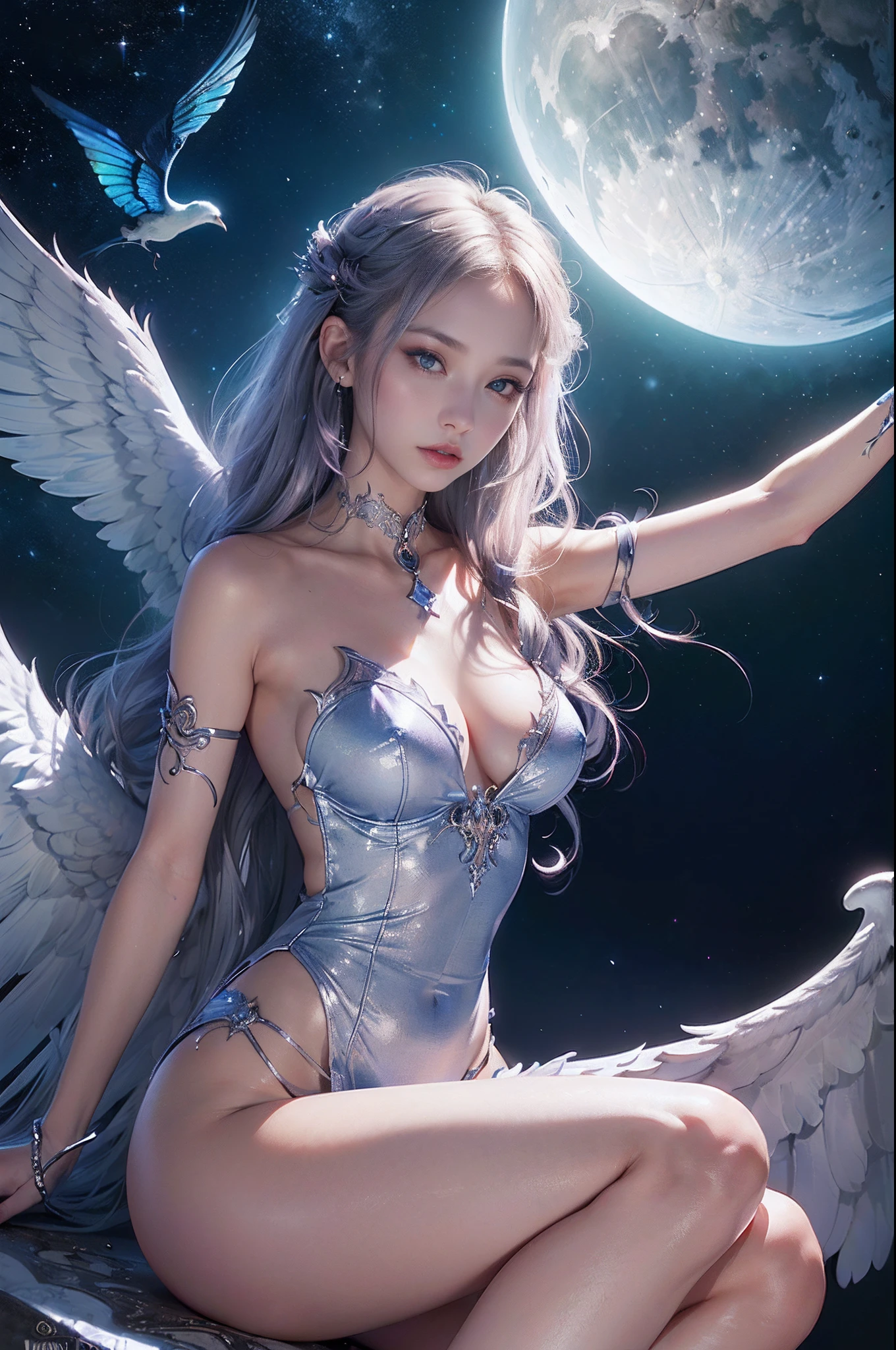((nood)), ((tmasterpiece)), (A detailed), seductive succubus, ethereal beauty, Perching on the clouds, (fantasy illustrations:1.3), a captivating gaze, enchanting posture, Delicate wings, Otherworldly charm, mystical sky, (By Luis Royo:1.2), (Yoshitaka Amano:1.1), Moon Night, PastelColors, (Detailed Cloud View:1.3), (hight resolution:1.2),up close shot,up close shot,Black eyes,Detailed beautiful eyes,angelicales,one white winged
