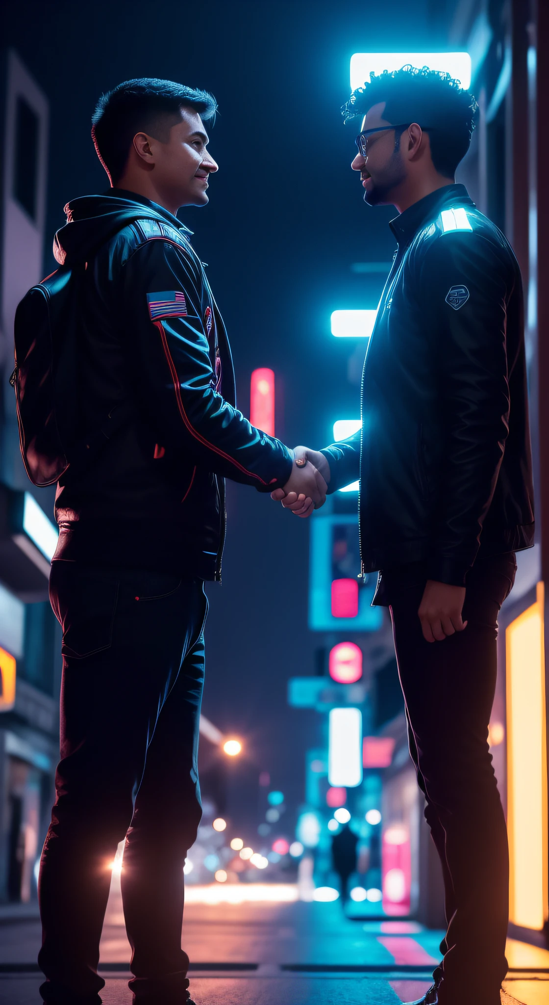 Two people meeting for the first time shaking hands, friendly face, circunstanciado, skin pores, master part, Cinematic light, Cinematic Shot, em uma rua com luz neon como fundo.