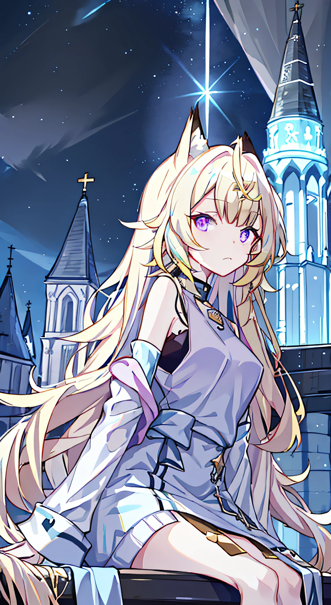((tmasterpiece,best qualtiy,4K,gelbooru,Pisif,best qualtiy,Hyper-detailing)),warmly lit,1 woman,Young adults,Beautiful young woman,((Princess braids,Hairy bangs,long whitr hair)),((fox ear)),((Purple eye,sharp sharp eyes)),small boobs,starrysky,scowling,detailed city background,((Sexy blue evening dress)),((adorable and fluffy, very fluffy,Tucked into a black sleeveless sweater)),((Sit at the top of the church tower,night city on the background,bird's eyes view)),Very modern futuristic environment