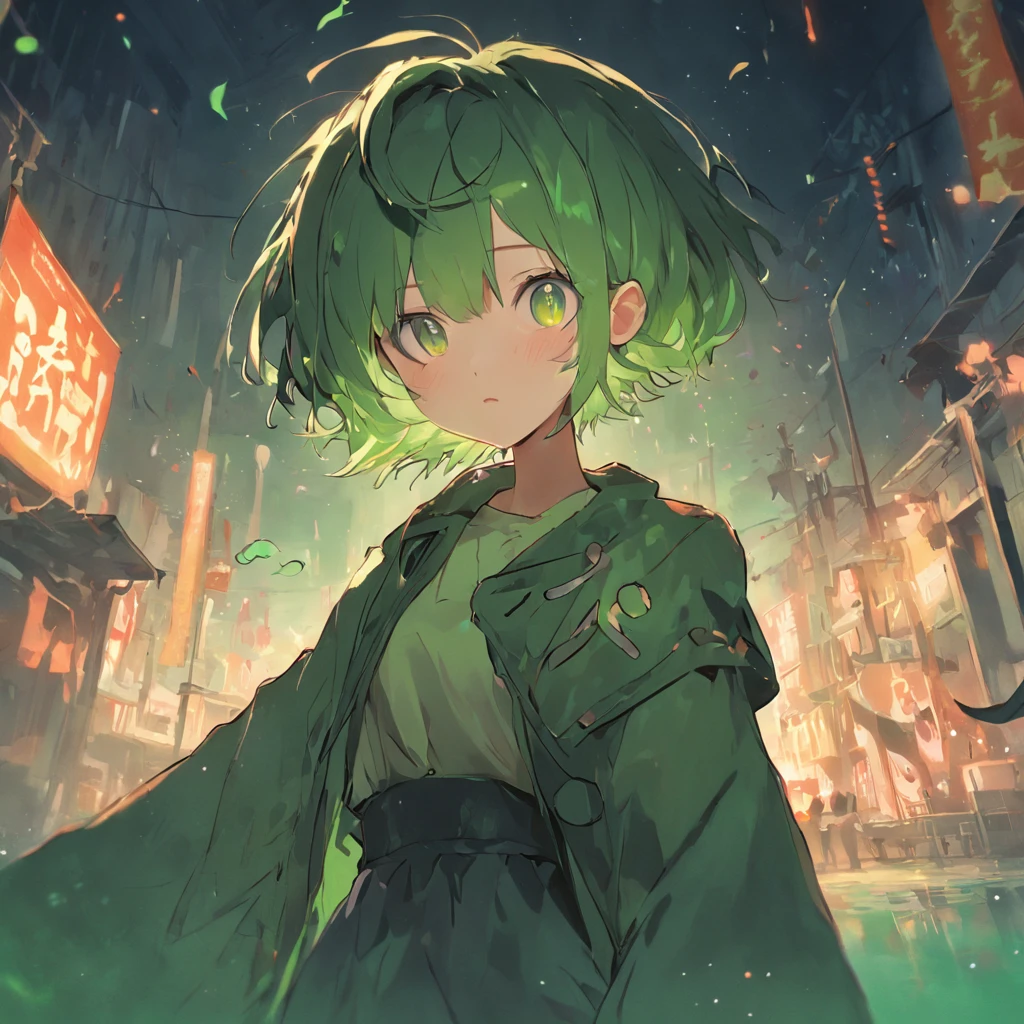 Girl with short green hair,adolable,holding knives,sprout