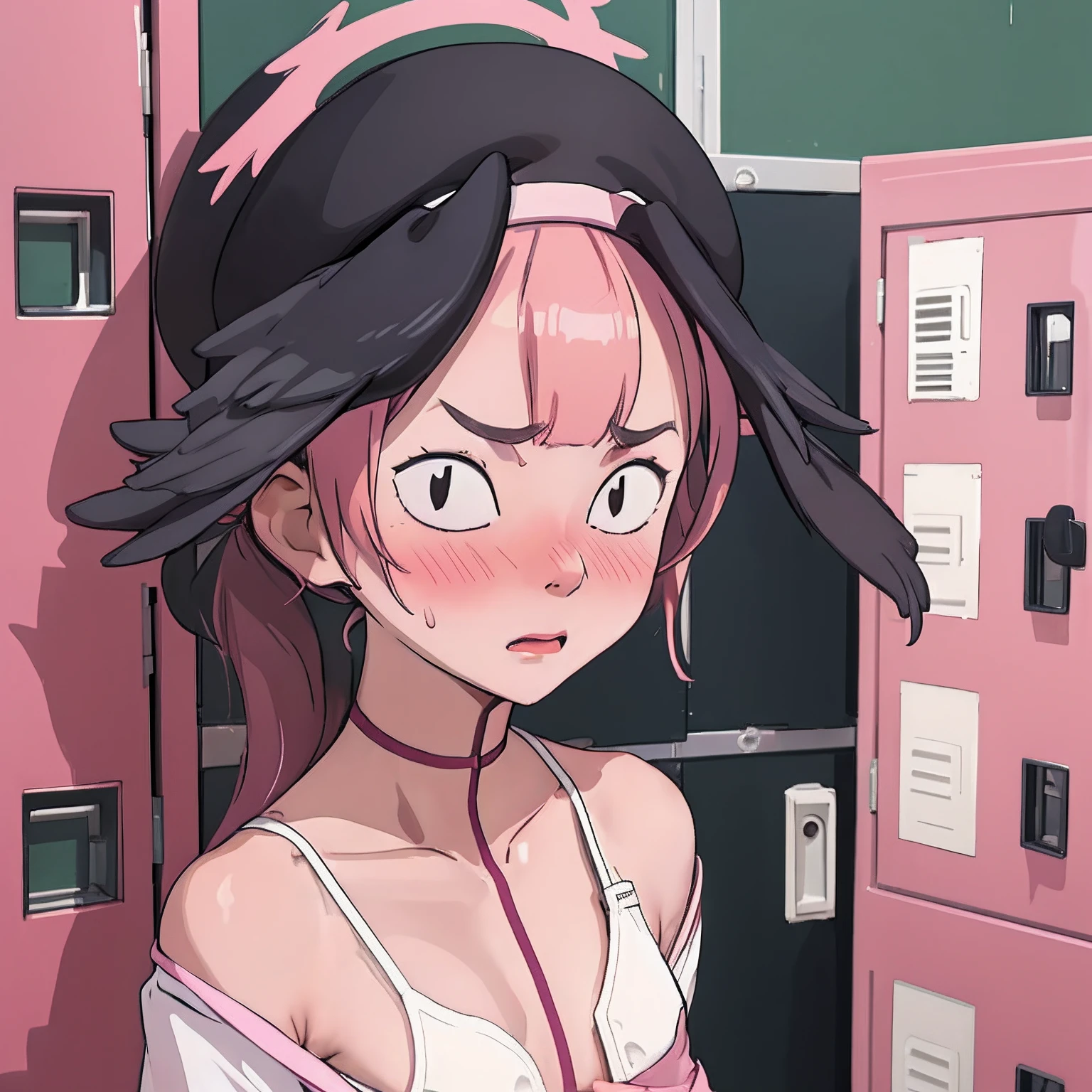 (masterpeace, high quality), (crowd), 1 girl, school locker room, nsfw, open shirt, sexy, no bra, flat chest, pussy, blush face