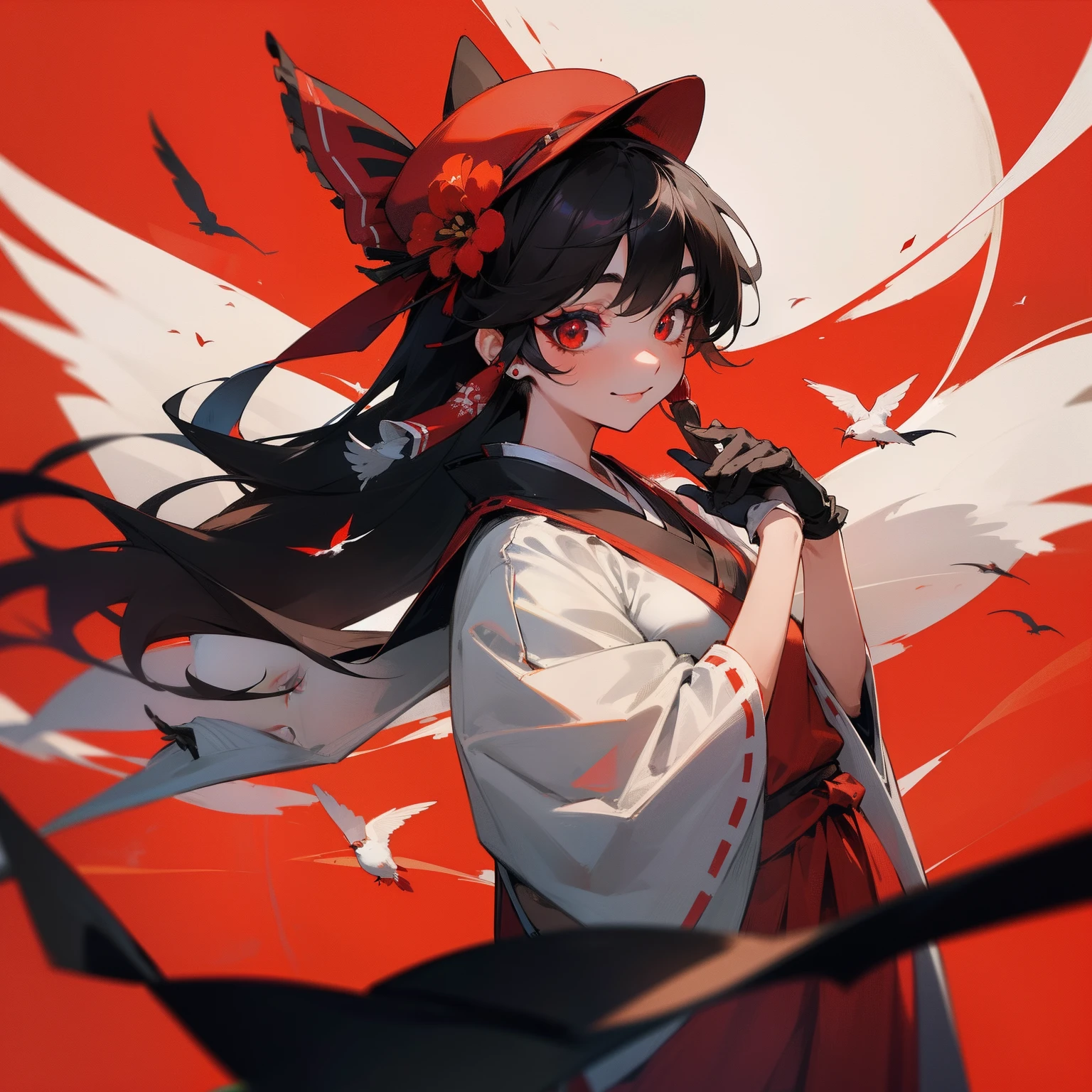 A person in a geisha costume holding a bird on a red background, one girl, Reimu Hakurei, hat, gloves, Japanese clothes, solo, black hair, earrings, jewelry, bird, kimono, long hair, black gloves, beret, smile , obi, obi, stripes, looking at the viewer, makeup, bangs, red eyes, hat flower