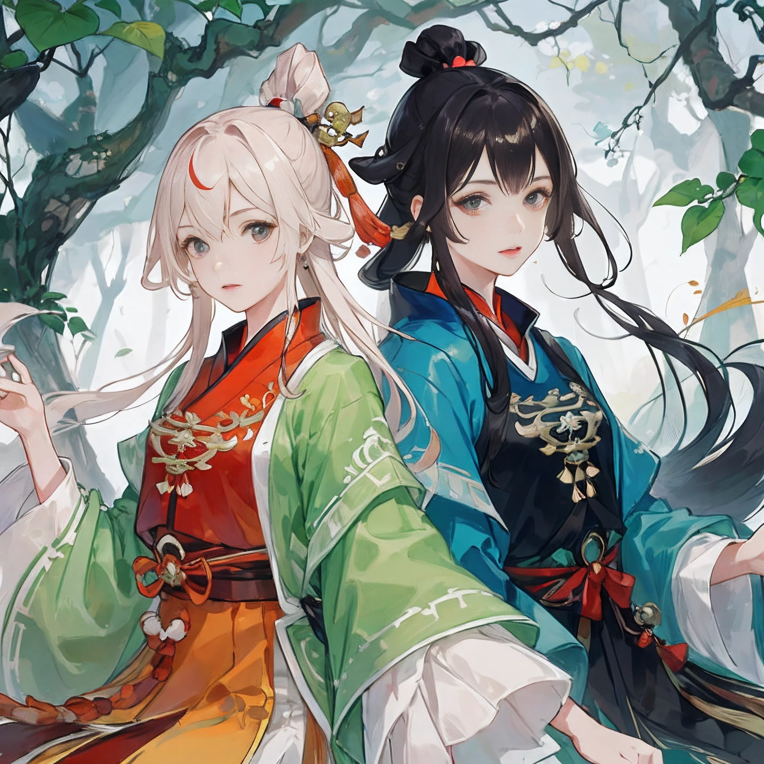 best qualtiy,tmasterpiece,A high resolution,Two girls back to back,Chinese Ancient Times,Adult,cabelos preto e longos,Green coat。Chinese ancient style。(highdetailskin:1.2),8K UHD, Digital SLR, softlighting, high high quality, cinematic Film still from,A high resolution, upperbody closeup