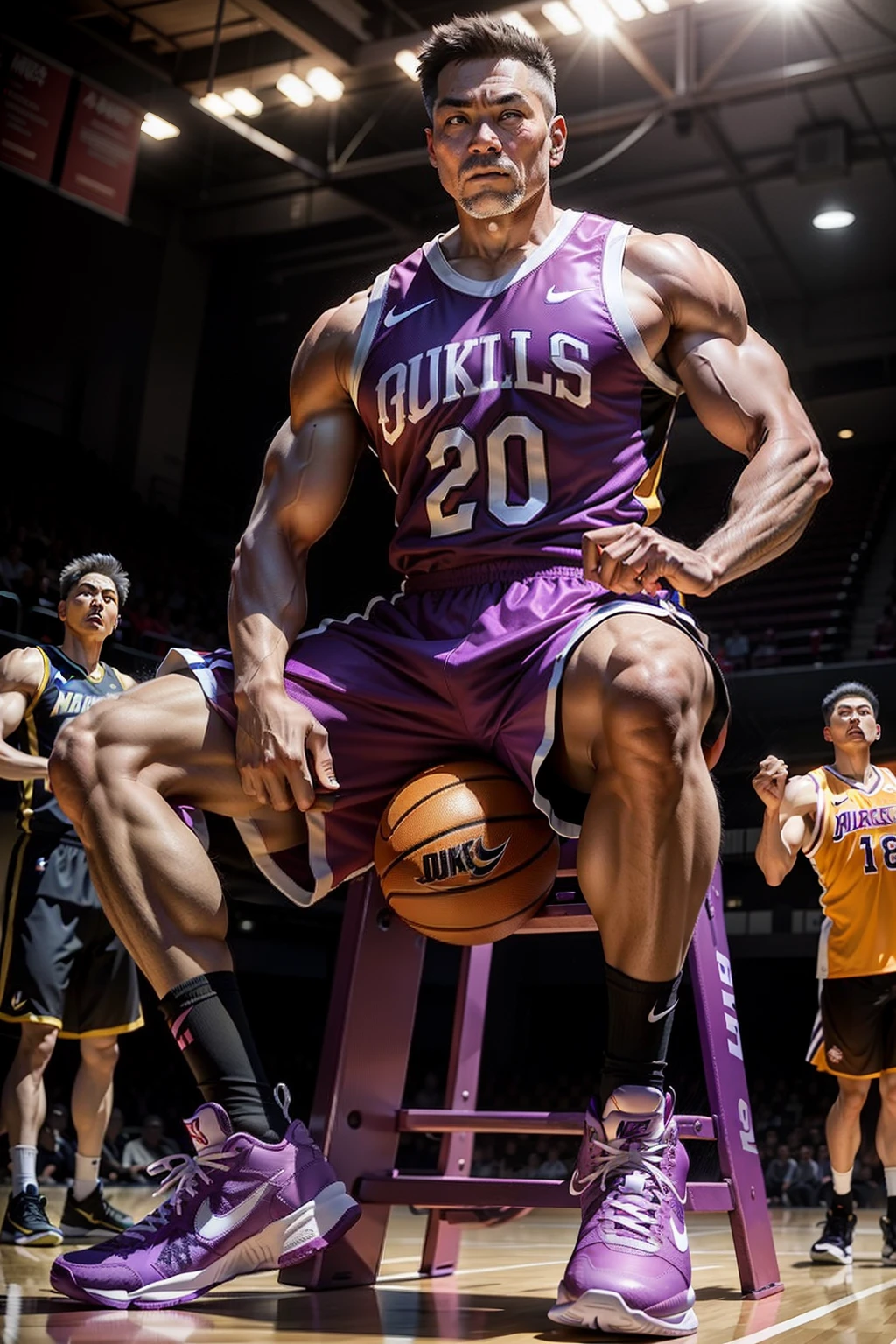 50-year-old middle-aged man,grampa,Man,Height 195,Asian people,sit on chair,God perspective,Directly opposite,Chinese men,musculature,Lift one foot,Wearing a fuchsia Nike basketball vest,Red basketball pants,The number 18 is written on the basketball suit,Purple yellow Nike high-leg basketball shoes,Rope in hand,Ferocious and ferocious,The background is a prison