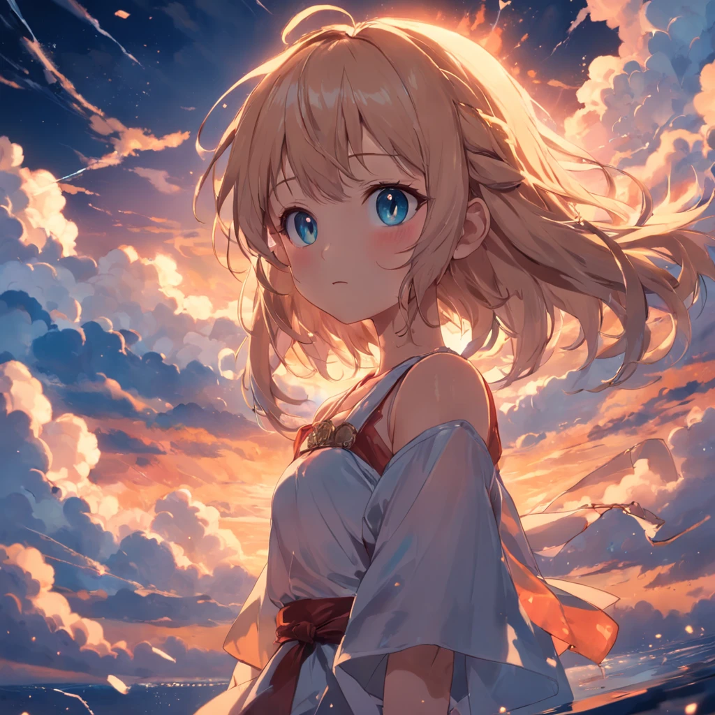 tmasterpiece,best qualtiy,cinematic Film still from,1boy,Cloud Girl,Floating in the sky,closeup cleavage,brightly,cheerfulness,Warm and soft lighting,the sunset,(spark of light:0.7)