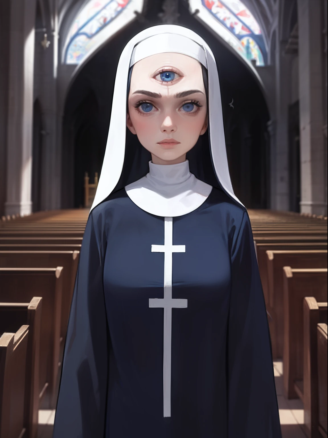 1girl,solo,blue eyes,demonic third eye,white hairs,nun,church