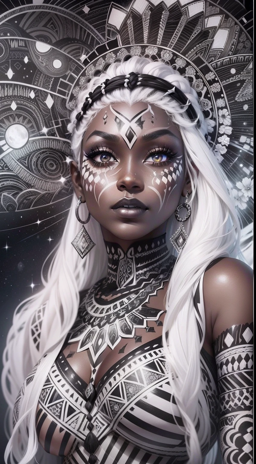 colouring book page, black and white, 32k, full body view, very beautiful tribal brown skin girl with excessive intricately detailed vivdly black and white facepaint bodypaint makeup, stunning radiant eyes, gorgeous white hair with highlights, magical night sky background