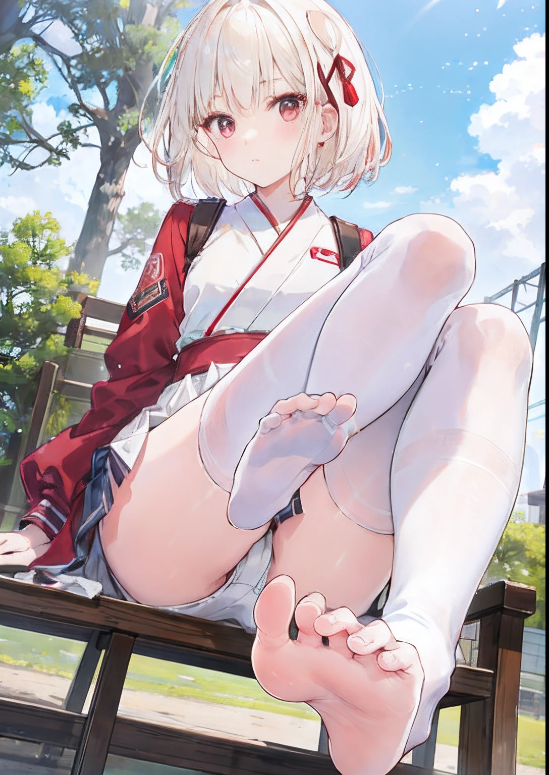 Top quality, Full body portrait, Delicate face, Pretty face, Slim figure, 校服, white legwear, Outdoor scene, Seated, platinum blond hair, Medium hair, legs taking your pov, wearing kneesocks, detailed shot legs-up, visible to the feet,Correct foot anatomy, Foot anatomy, Feet pointing to the audience