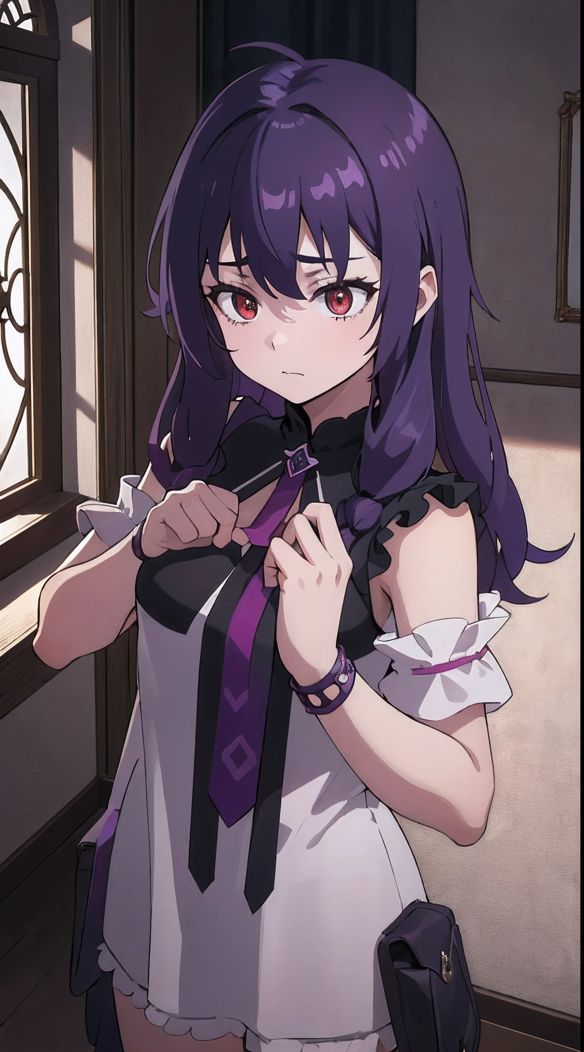 (One teenage girl, Goddess of Darkness) short stature. with purple long hair, red-eyes, pale skin. Gothic dark outfit, macabre. In the background inside the castle room.