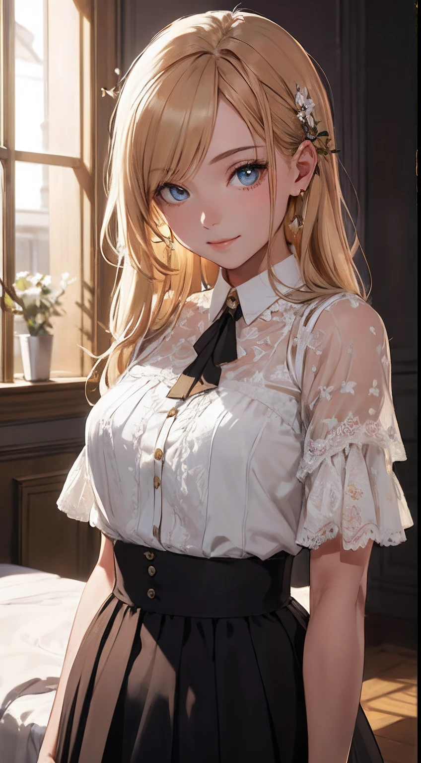 ((masterpiece best quality:1.4)), ((masutepiece, Best quality)), (8K quality), (Detailed background:1.3), (Detailed face:1.3), (Lovely age woman, Solo),Beautiful portrait、Delicate body、frilled blouse,Check long skirt,Vintage, Long blonde hair,Cinematic light,lite smile,Tilt the neck、Lie on a luxurious bed、Sunlight、Fluttering chest、Flip the skirt、Rainbow light, Beautiful glow,