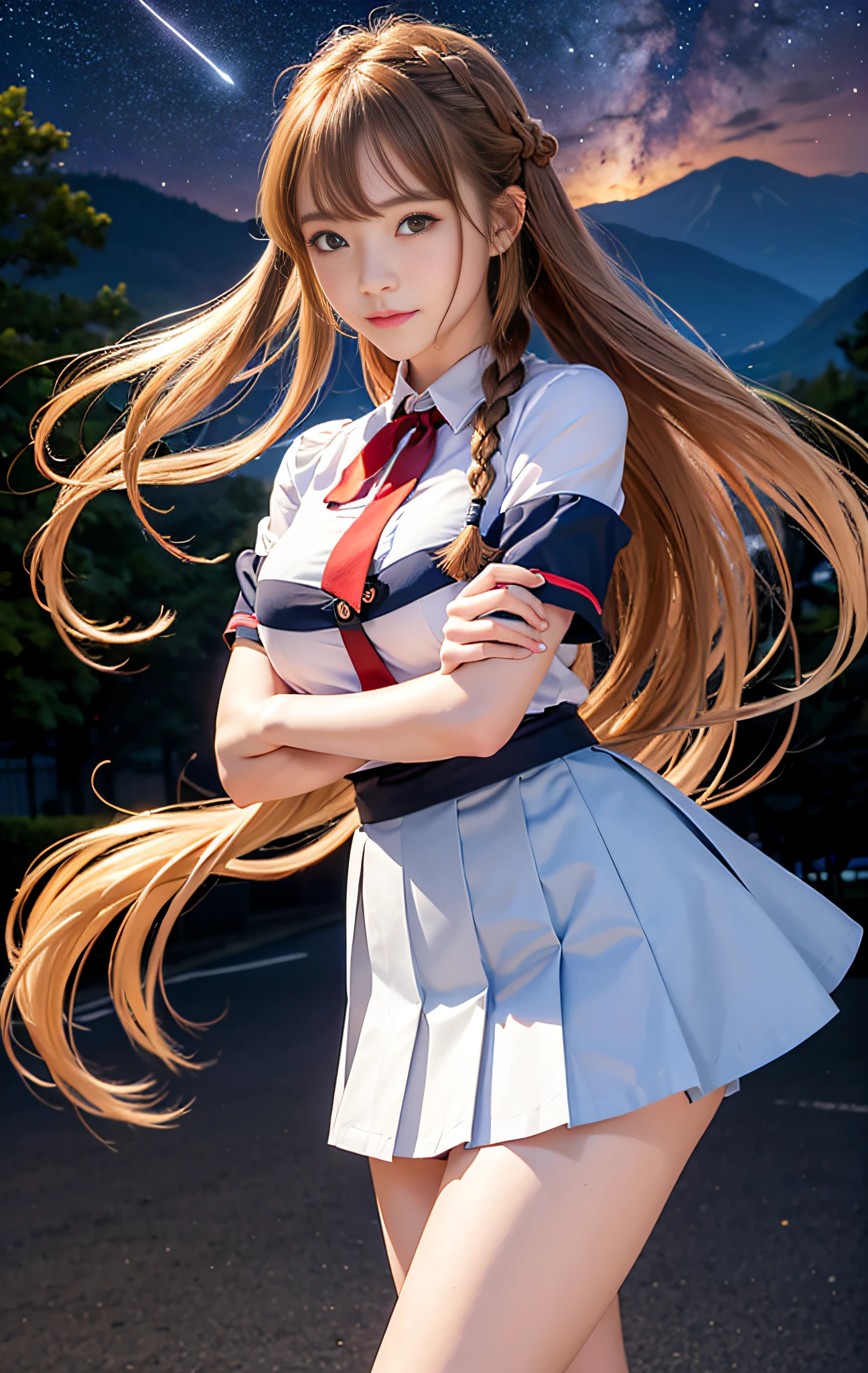 (top quality, masterpiece), 1girl, intricate details, (realistic lighting with shades), huge file size, high resolution, atmosphere, mystical, romanticism, literature, art, fashion, elegant, realistic, (perfect anatomical depiction of the human body), teenage girl is doing Japan sword demonstration in Japan schoolgirl outfit, (beautiful posture of upper step spinning kick holding a sword), Serious expression as if in battle, The girl is a brunette Japan with pigtails with whitening skin blue eyes and partially braided hair, japanese, (very big), (super big), (thin waist), (fleshy big buttocks hanging down), (thin thighs), (baby face), (crimson ribbon tie with smooth thin fabric neat white blouse), ( blouse breasts are very cramped), (no bra), (dark areolas), (blouses crush large breasts and spread to the sides), (dark blue tartan checked micromini pleated skirt), (skirt length is short enough to show the buttocks), (white and large panties covering the buttocks), (no skin exposed on the upper body)), (neat clothes with all buttons fastened), (beautiful big blue eyes), ( Thin and clear double eyelid lines in the eyes), (Glossy, plump and brightly toned tear bags under the eyes), (Light blue iris), (Some highlights on the iris and pupil), (Red expression of the conjunctiva), (Long eyelashes that are well visible), (Blouse with super big), (skin and hair that sparkle in the sunlight), Daytime city shot, cameltoe, ( Beautiful posture of upper stage spinning kick while holding a sword),