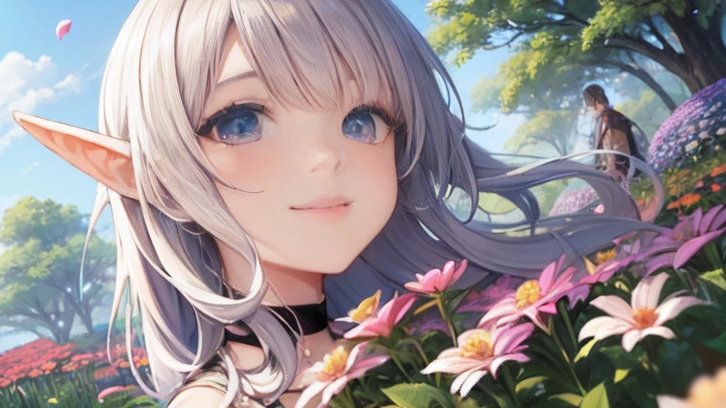 (​masterpiece)、(Elven Woman:1.1)stands in the flower garden with a smile、Clear eyes、Cute look、(The Wizard's Rob)、(Looking here)、Camera angle from slightly behind、Slight oblique angle、(Petals flutter in a field of colorful flowers)