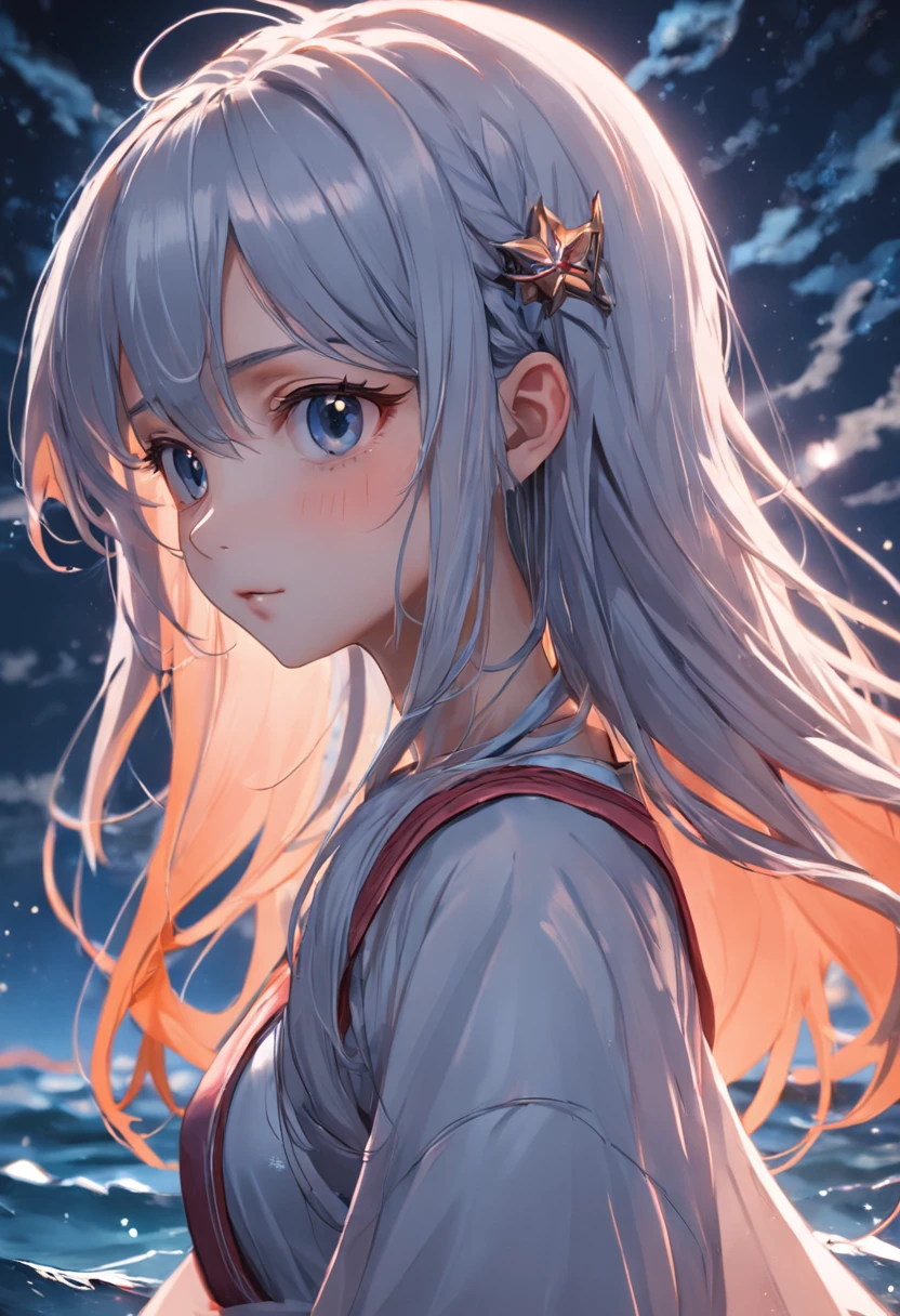 ((tmasterpiece)), ((best qualtiy)), ((illustratio)), The is very detailed,Style girl, Long shots, Light gray very_Long_Hair, Sci-fi hair accessories, Beautiful and delicate deep eyes, Beautiful detailed sky, beautiful detailed water, cinmatic lighting, Dramatic angles, (Very long sleeves), decor, formal, Get close to the audience, (A very delicate and beautiful), Best quality at best, A high resolution, offcial art, Very detailed CG unity 8K wallpaper, ((starrysky)), Galaxy River, Array stars, Holy, Noble, ((oil painted)) , ((Wallpaper 8k CG)), (Realistis), concept-art, Different purples and reds, Orange and pink hard light, Intricate light, Dynamic hair, Hairstyles, dynamic blur, Beauty and aesthetics, Intricate light, Manga and anime