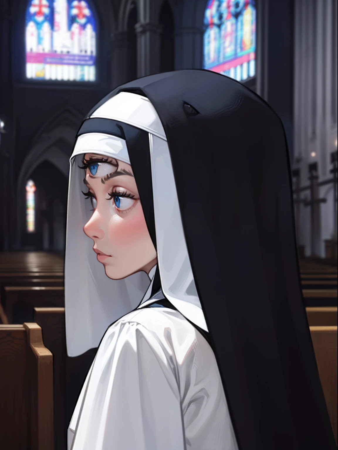 1girl,solo,blue eyes,demonic third eye,white hairs,nun,church