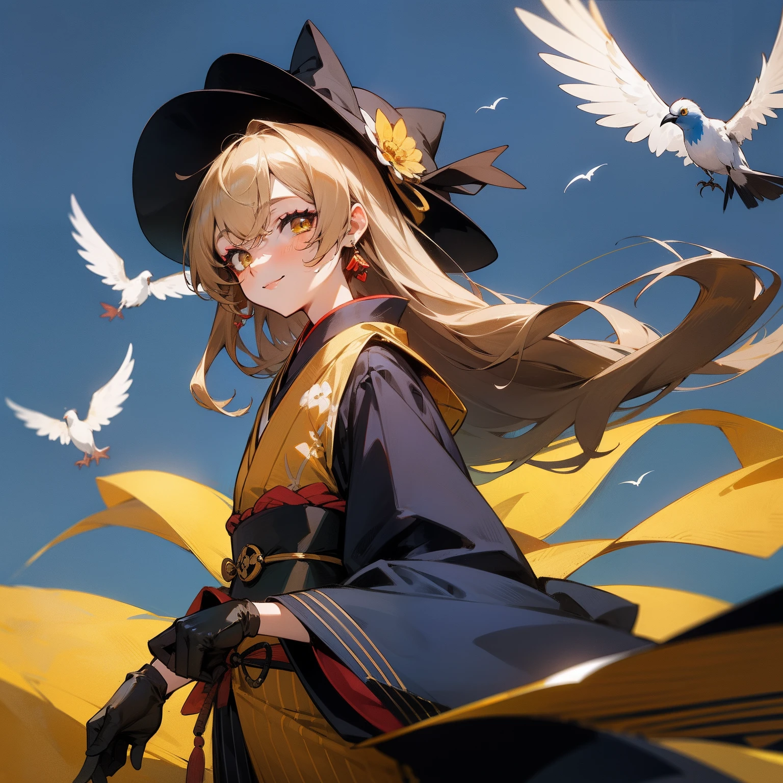 Man in geisha costume with bird isolated on blue background, One girl, Marisa Drizzle, hat, gloves, komono, Solo, Golden hair, earrings, Jewelry, Bird, Kimono, Long hair, Black Gloves, beret, Smile , Obi, Obi, Stripes, Looking at the viewer, makeup, Bangs, Yellow eyes, hat flower