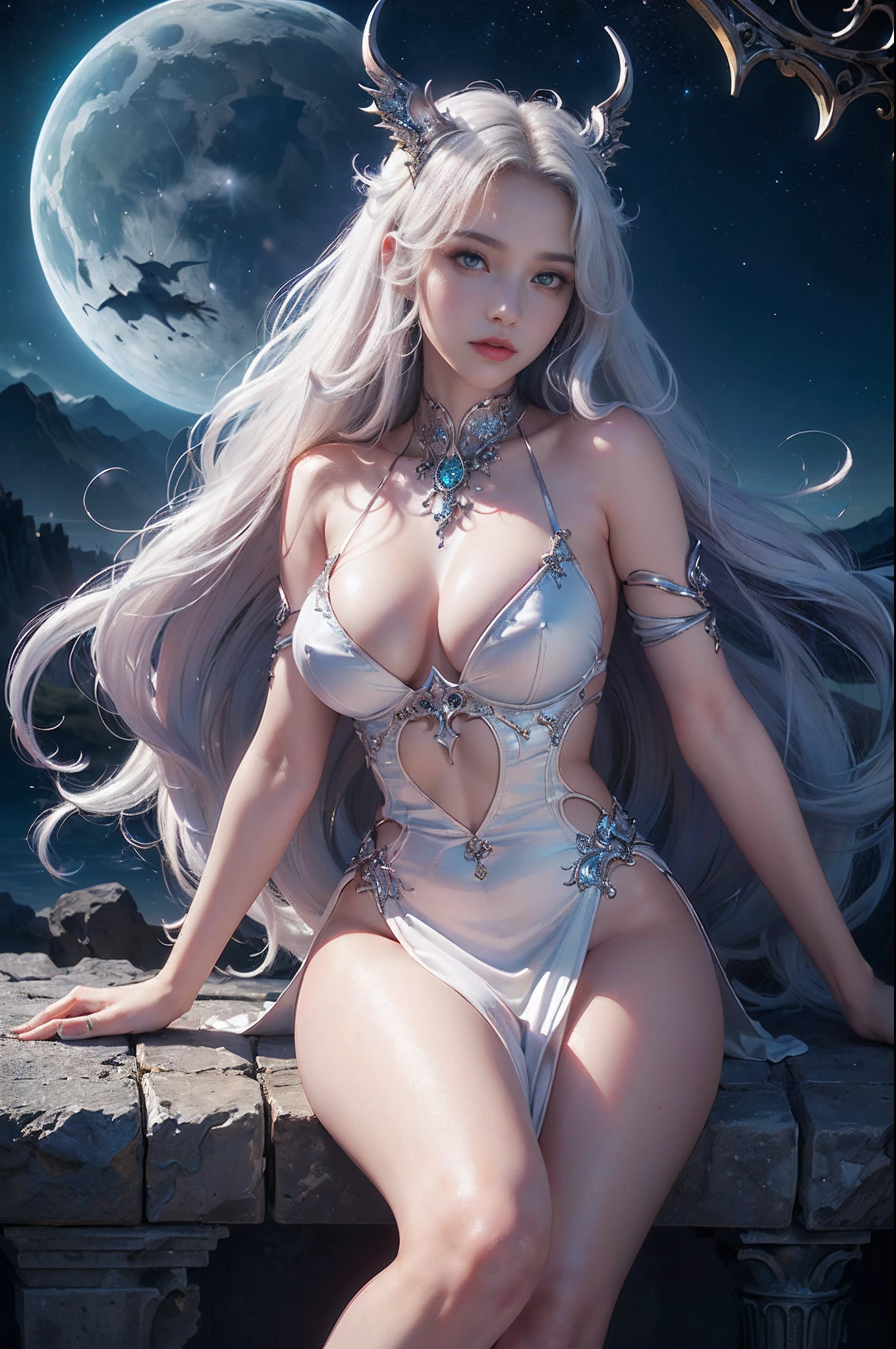 ((nood)), ((tmasterpiece)), (A detailed), seductive succubus, ethereal beauty, Perching on the clouds, (fantasy illustrations:1.3), a captivating gaze, enchanting posture, Delicate wings, Otherworldly charm, mystical sky, (By Luis Royo:1.2), (Yoshitaka Amano:1.1), Moon Night, PastelColors, (Detailed Cloud View:1.3), (hight resolution:1.2)，up close shot，up close shot，Black eyes，Detailed beautiful eyes，angelicales，one white winged