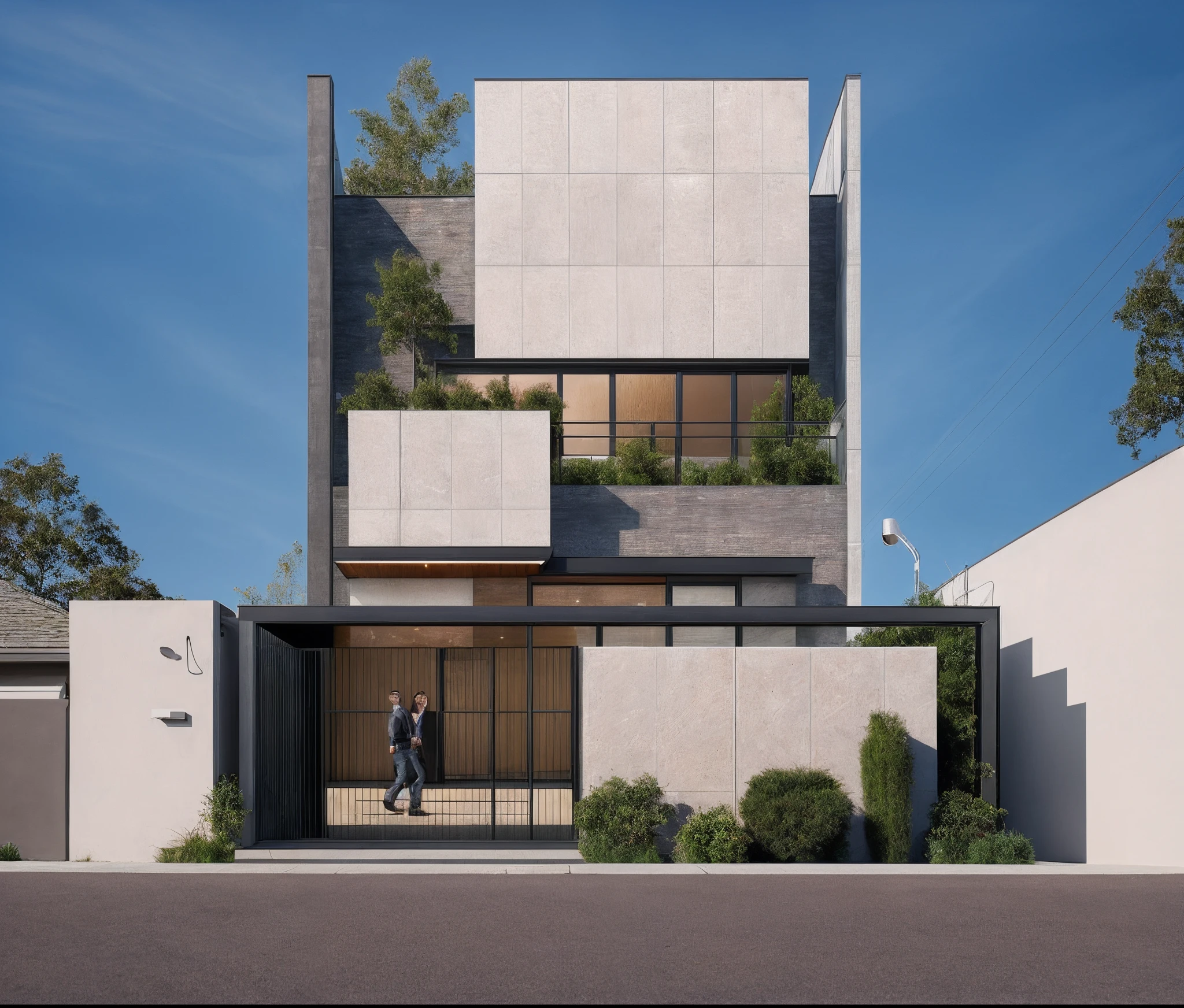 1 morden house, main material by white wall, large yard, 1 road runs in front of the house, (RAW photo, real, best quality, masterpiece:1.2), look morden minimalist, 1 road in front of the house, shime ring light, light brighteness from indoor:1.2, dynamic lighting:1.3, (hyper realistic, photo-realistic:1.2), high quality, (sun rise lighting:1.2), perfect lighting, archdaily