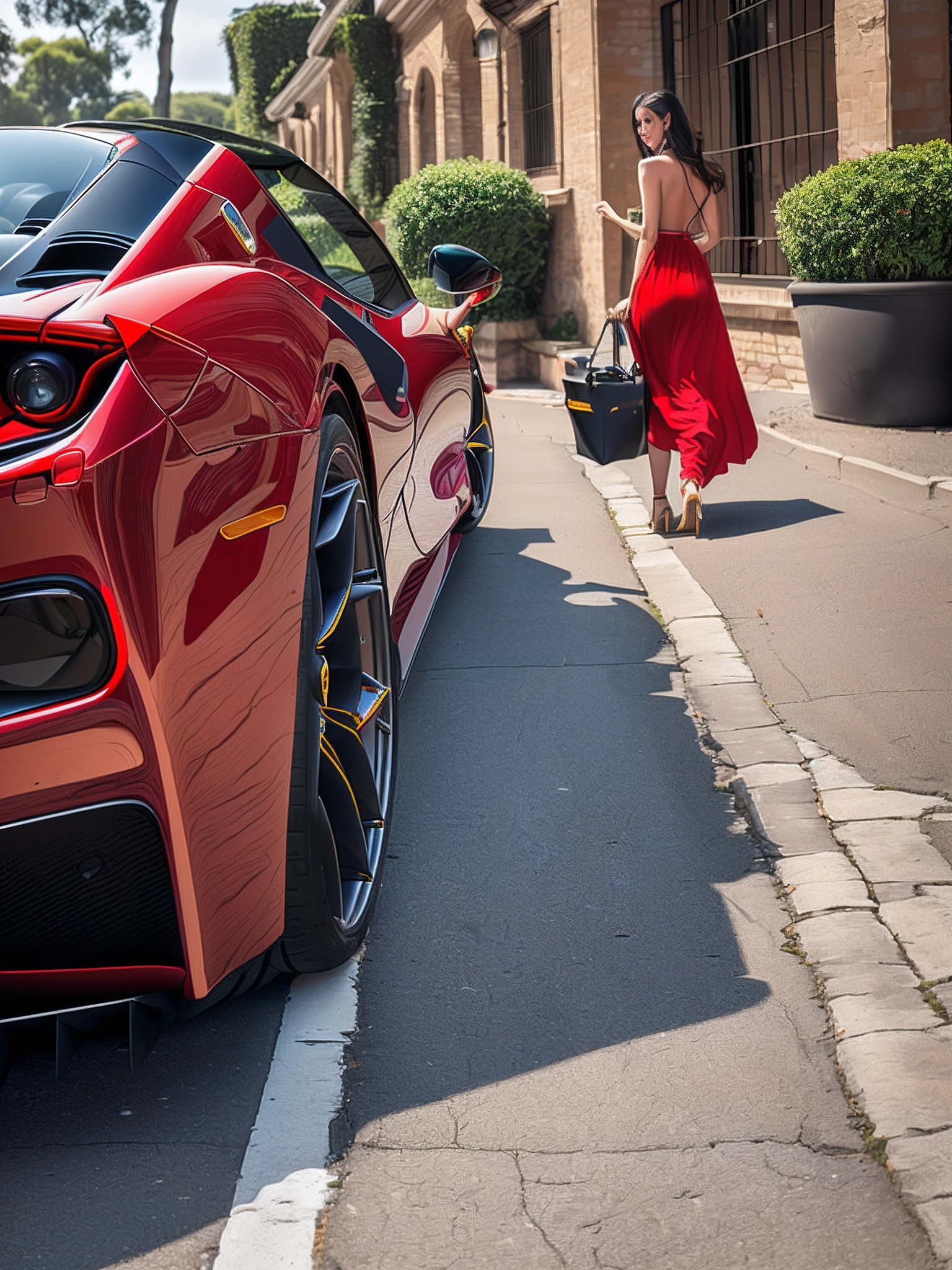 Beutiful woman in red long dress and blue Ferrari 488 Spider --auto --s2