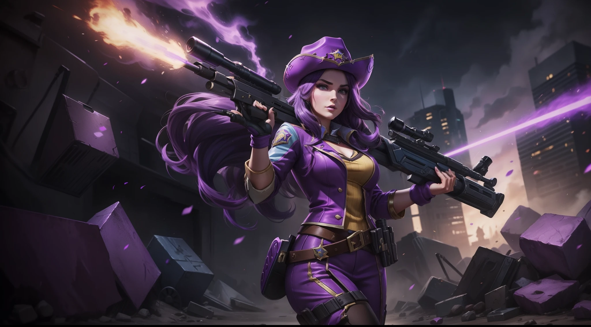 Caitlyn from League of Legends, purple hair color, purple outfit, sheriff girl, long gun, sniper gun, caitlyn, with sheriff hat, riot games splash art