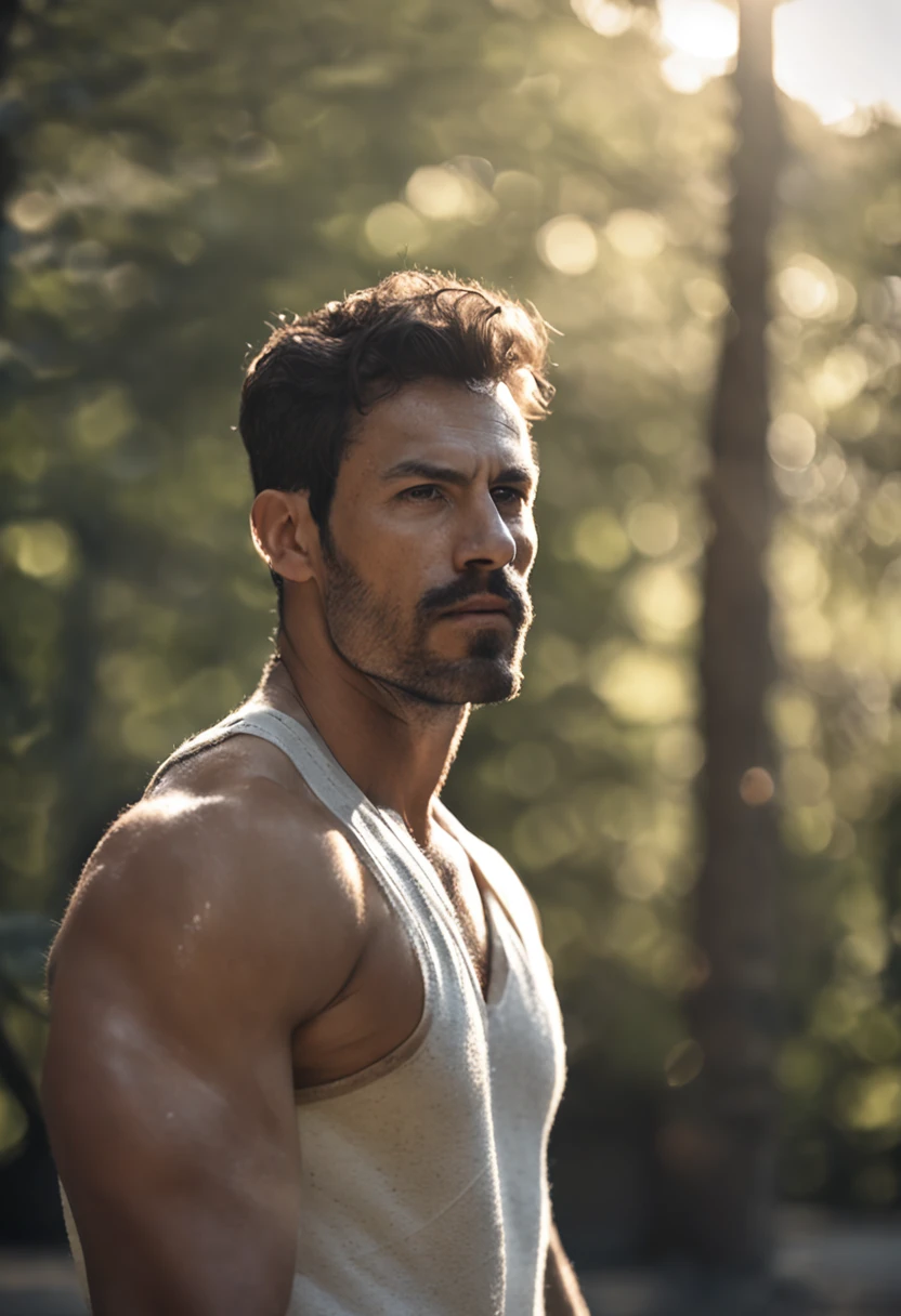 Handsome gay man, masculine, muscular, short, muscular, thin body, 30 year old male, looking straight ahead, looking at camera, naked man, naked man, hairy man, masculine appearance, dark chest hair, black armpit hair, black shin hair, black body hair, looking at camera, sun through trees, white silk t-shirt, soft Mohawk hair, moderately fleshy, thin eyebrows, fat, white Y-shirt, thin eyebrows, illustration style, dressed, gentle smile, sitting in chair, in room, wearing white long-sleeved