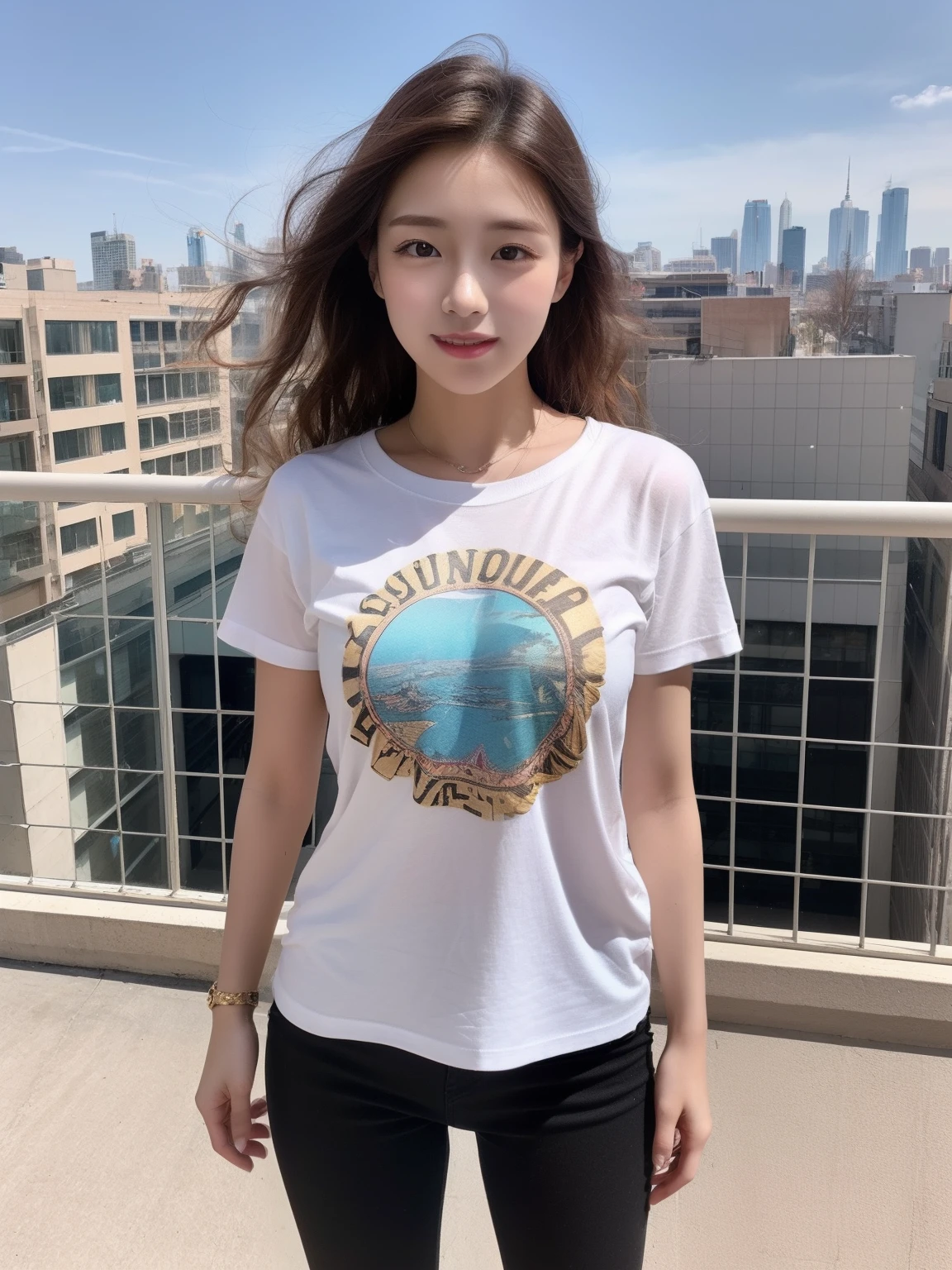(best qualtiy,8K,tmasterpiece:1.3),(foco nítido:1.2),(Girl Standing On The Rooftop Of A Building:1.2),(perfect body type:1.4),(Slim abs:1.1),(Fashionable T-shirt:1.4),(a miniskirt:1.2),street snap,rays of sunshine,Fine face,beautidful eyes,Straight legs。Slimed、A slender、Model body type、Brown middle hair、Curly hair、small tits