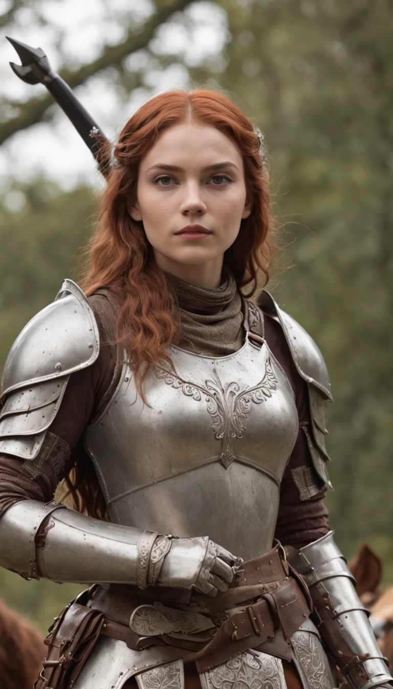 Woman in armor standing in front of an army, na armadura do cavaleiro, Rainha ruiva em armadura vermelha pesada, Poots Imogen como um paladino, female redhead templar, de uma bela cavaleiro feminina, Poots Imogen como Paladino Santo, cavaleiro feminino bonito, Meninamadura, Annasophia Robb como Joana D'Arc