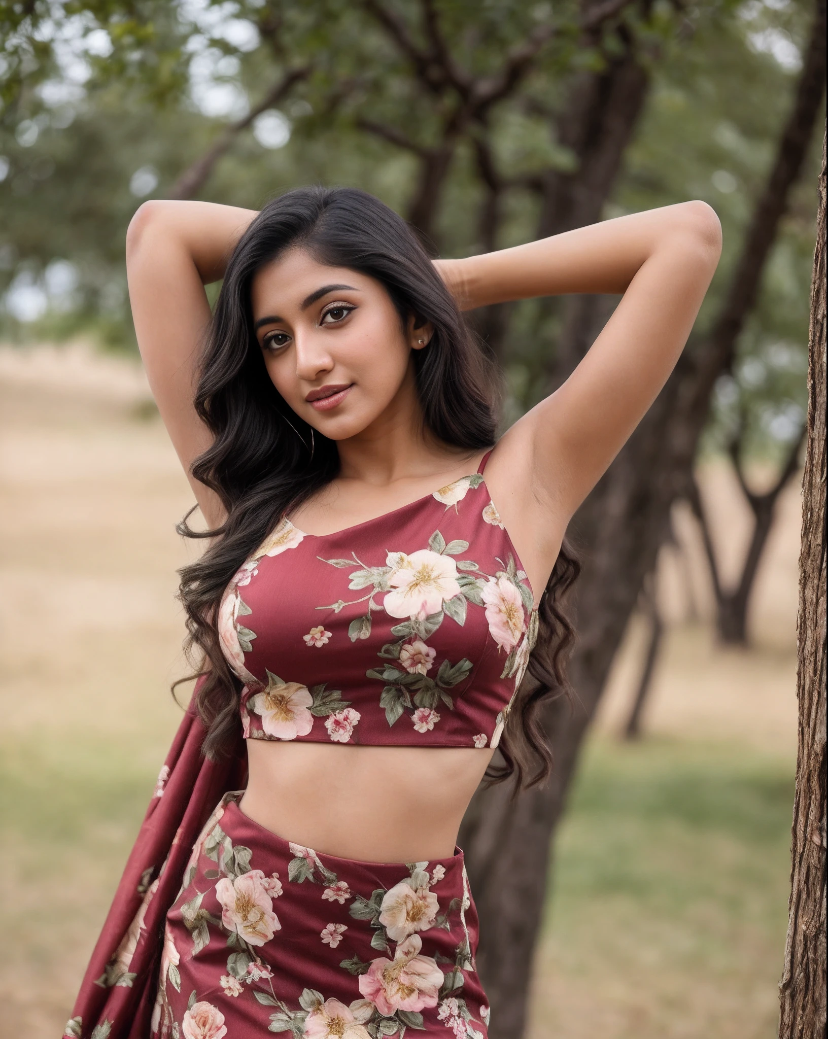 ((RAW, analog style)), face, extremely detailed full body color photo of a 25 y.o girl, beautiful face, beautiful eyes, ((small nose)), big natural lips, ((fabric crop top)), medium breasts, slim body, outdoor, trees, ((film grain, skin details, high detailed skin texture, 8k hdr, dslr)), indian female model yami gautami, close-up picture of yami gautmi, floral dress. Sexy figure, hot looks, long curly hair