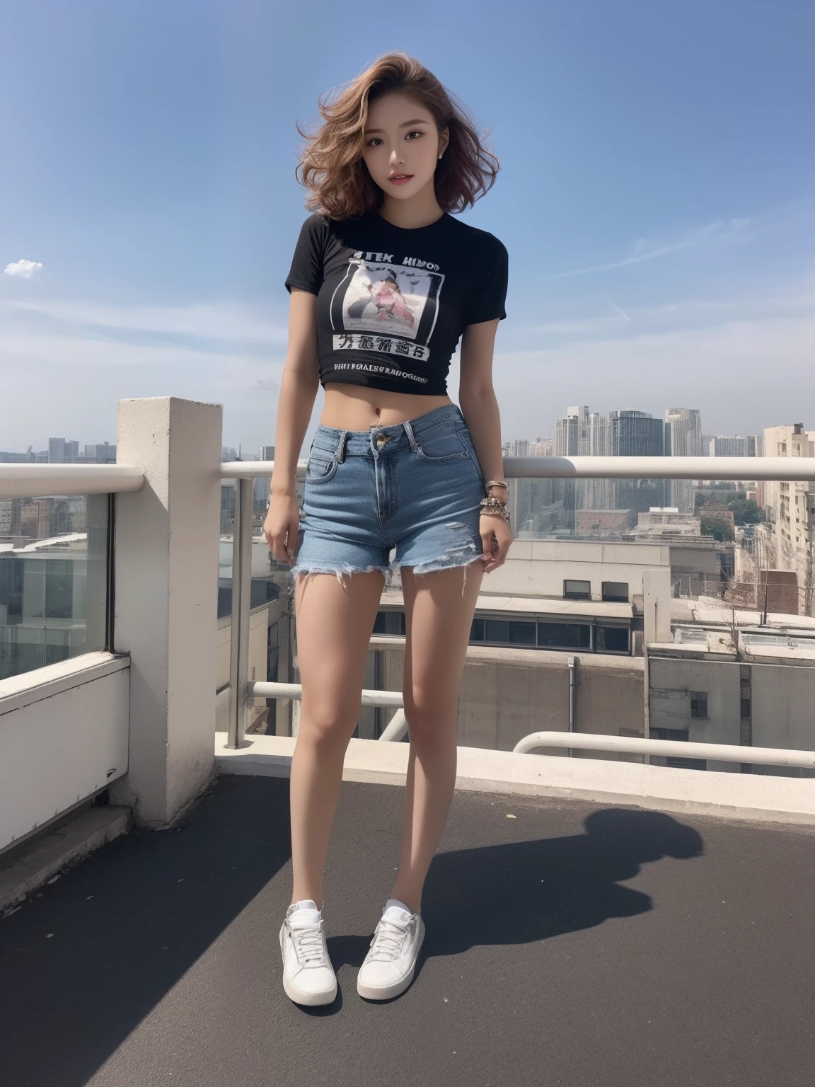 (best qualtiy，8K，tmasterpiece:1.3)，(foco nítido:1.2)，(Girl Standing On The Rooftop Of A Building:1.2)，(perfect body type:1.4)，(Slim abs:1.1)，(Fashionable T-shirt:1.4)，(a miniskirt:1.2)，street snap，rays of sunshine，Fine face，beautidful eyes，Straight legs。Slimed、A slender、Model body type、Brown middle hair、Curly hair、small tits