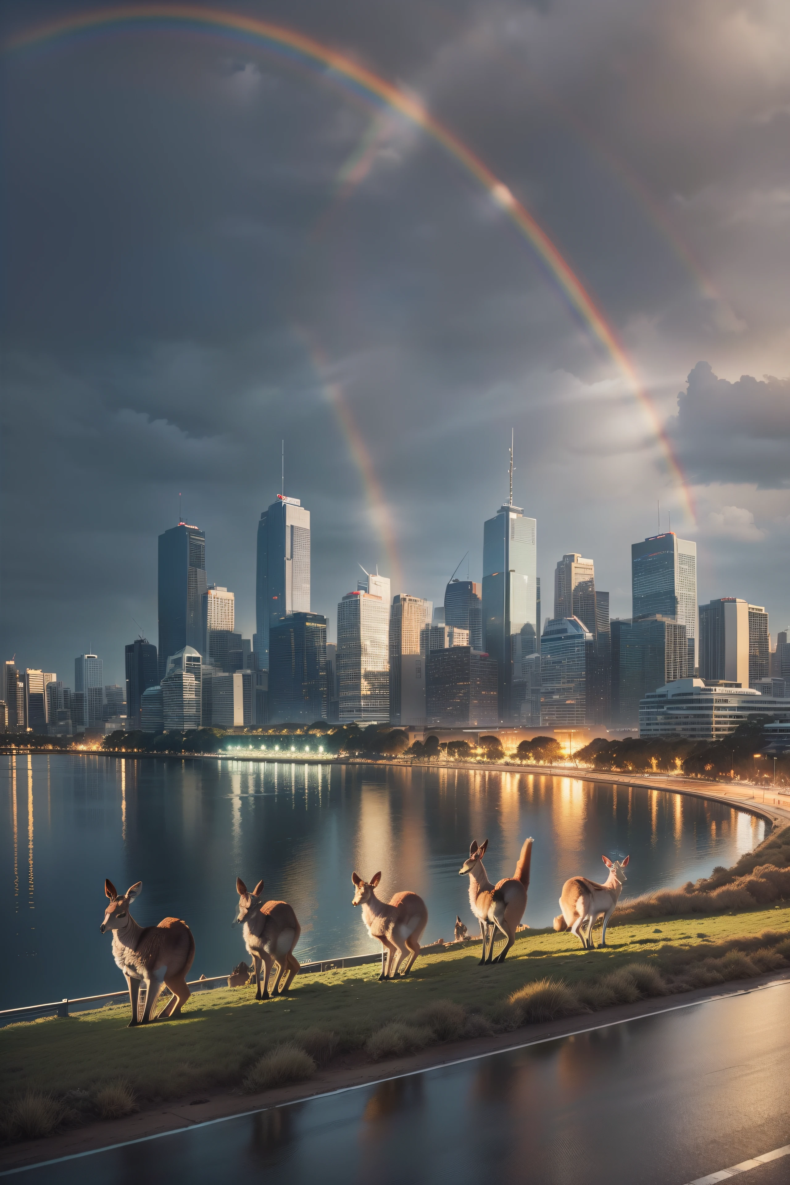 Wide Shot of a herd of 4 kangaroos looking at the camera standing in foreground, background of a highway next to a river, full of cars, warm cinematic colours, tall skyscraper in the middle of Melbourne city with river in background looking at the camera curiously, (((wide shot))), cars driving in background, beautiful sunset in background, overcast, (((rainbow))), 4 standing Kangaroos, skyscrapers, river in the background, beach, (((greenery))), (((golden sparkles))), beautiful scenery, Melbourne city, (((Melbourne Cricket Ground in background))), (((Melbourne skyline))), buildings, city skyline, vibrant sky, (((subject: a herd of 4 kangaroos standing in front of highway looking at the camera))), (((cinematic photo))), epic, hyper realistic photo, 8k render, curious animals, overcast, (((herd of kangaroos))), rainbow in sky, MCG, candid photo, Aussie, city life, (((top view shot))), numerous kangaroos, (((wide shot)))
