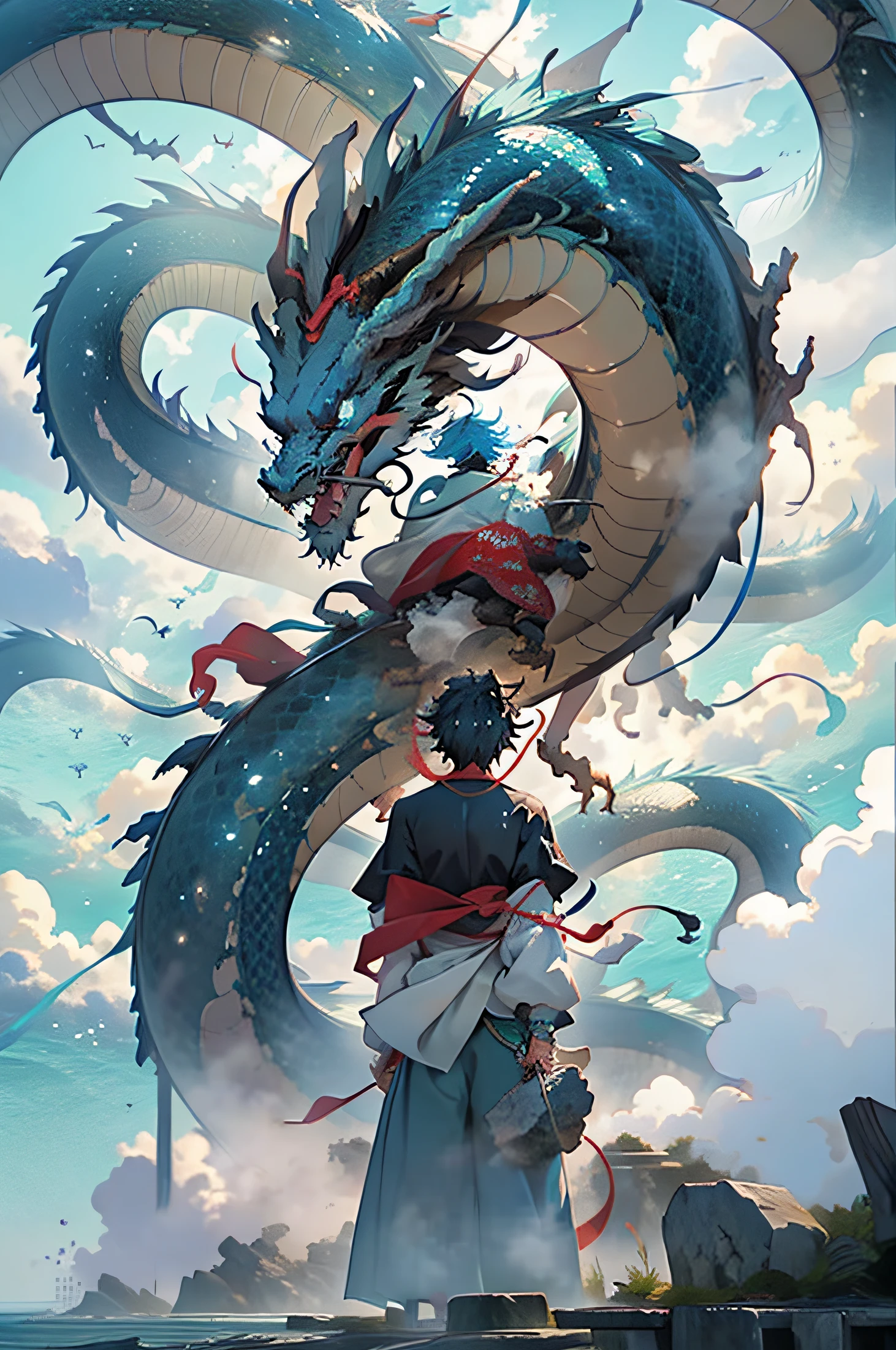 A lonely boy（A boy with a lone traveler's back）Facing the sea（Facing the raging sea），Behind him hovered a dragon（The magnificent Azure Dragon surrounded him）。