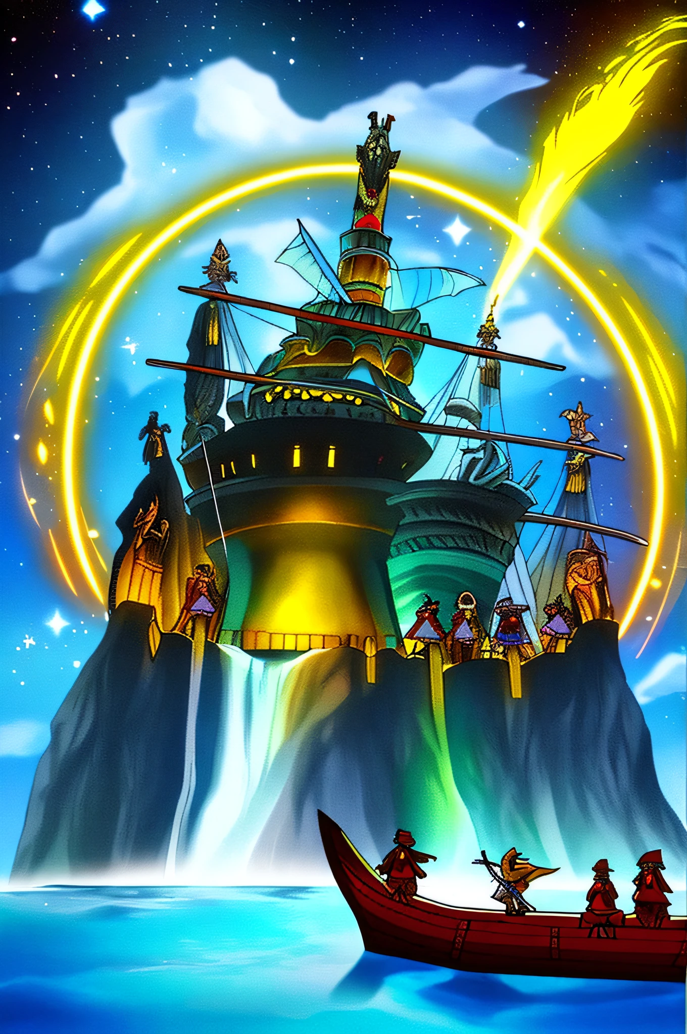 There were several elves and a human girl standing on the deck of the ship,The Pope stands on a glowing divine tree under the galaxy,On both sides are Greek holy places、Virgo Palace and Glowing Waterfall Mountain,Surant stood on the sailing ship of the Shilong and played the flute,The holy river is glowing,And the audience,on the altar, Soldiers surrounded the city,Hold the planks high,ares, the god of war, Fly thousands of miles into the starry sky in the middle of a circle surrounded by soldiers,The witch on the wooden boat dances with a white cloth umbrella,Fish in the sea swim in the sky,An Aries male warrior named Mu dances with seven warriors cloaked and winged,The shadow of the goddess Athena loomed,The shadow of the moon goddess is also faintly visible in the underwater temple,