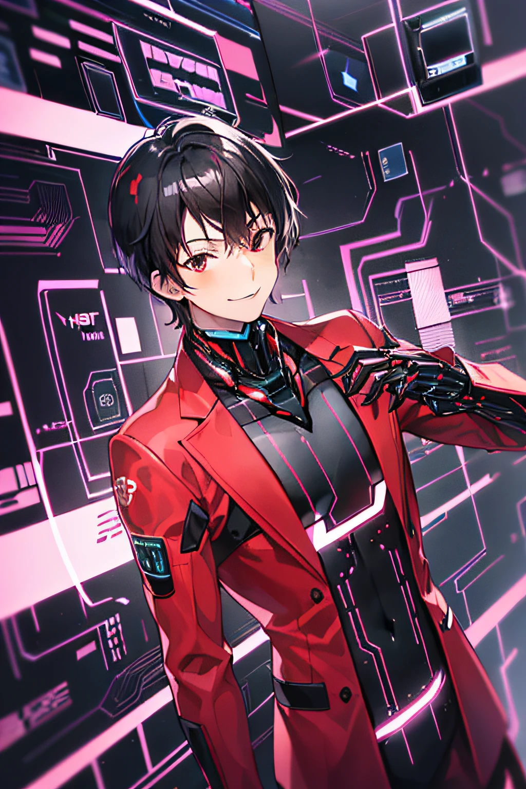 "(A man of 26:1.2),(Reddish-black hair:1.3),(Red suit:1.2),(Black tie:1.2),(A little smile:1.1)(Background is cyber society:1.6)"