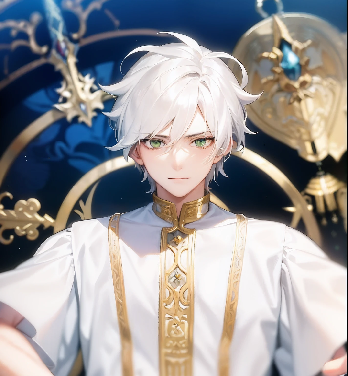 Anime - a stylistic image of a man with white hair and green eyes, White-haired god, Delicate androgynous prince, Beautiful androgynous prince, coronation of the flower prince, portrait of magical blond prince, attractive male deity, wearing gilded ribes, beautiful male god of death, intricate ornate anime cgi style,