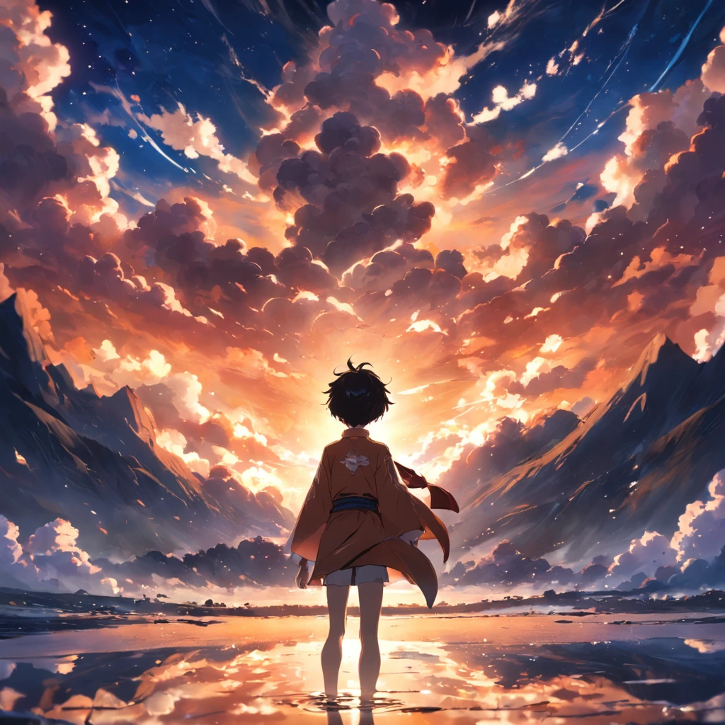 tmasterpiece,best qualtiy,cinematic Film still from,1boy,Floating in the sky,closeup cleavage,brightly,cheerfulness,Warm and soft lighting,the sunset,(spark of light:0.7)