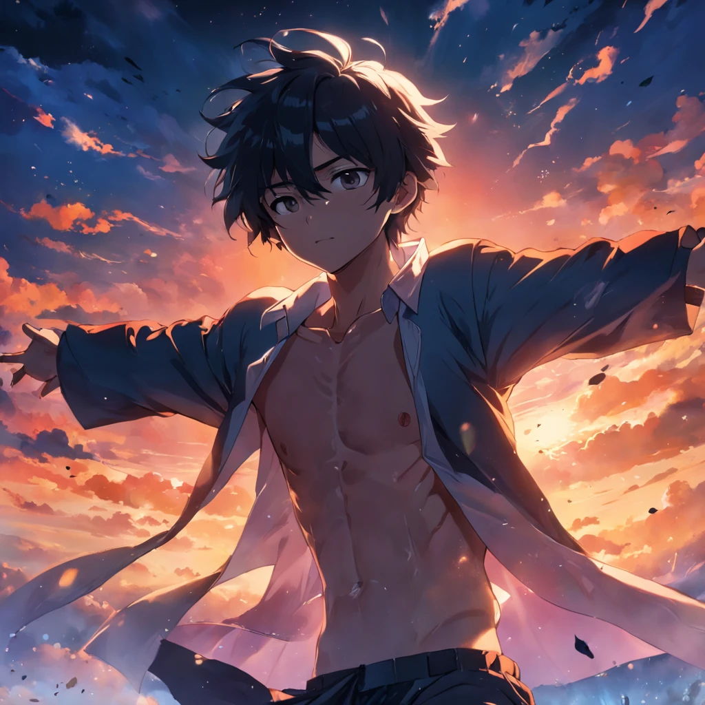 tmasterpiece,best qualtiy,cinematic Film still from,1boy,Floating in the sky,closeup cleavage,brightly,cheerfulness,Warm and soft lighting,the sunset,(spark of light:0.7)