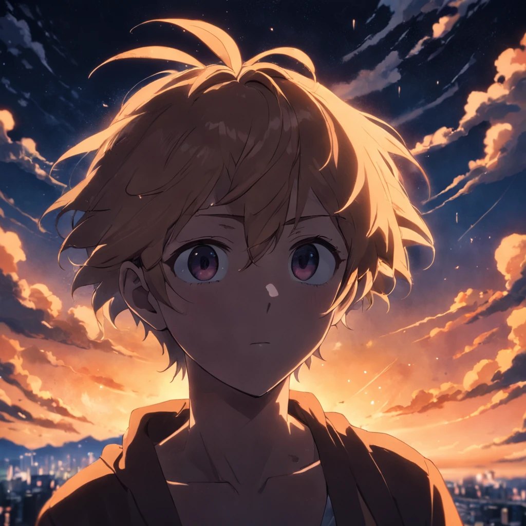 tmasterpiece,best qualtiy,cinematic Film still from,1boy,Floating in the sky,closeup cleavage,brightly,cheerfulness,Warm and soft lighting,the sunset,(spark of light:0.7)