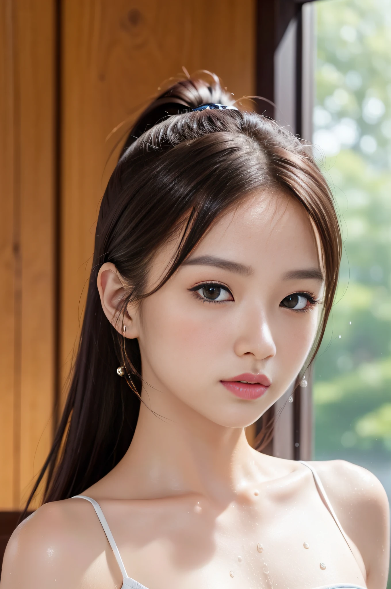 ((masterpiece:1.4、top-quality))、(photographrealistic:1.4)、profetional lighting、physically-based renderingt, dark brown hair、layers-Cut、extra detailed face、Detailed skin、(Women in Japan:1.05)、21 yo、thin bunches of bangs、knit、White Room、white walls、Bright lighting, topless, nsfw