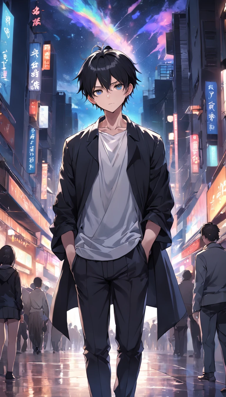 masterpiece、Adults、30Uncle of the generation、twinks、Forehead、30-years old、A dark-haired、Black jacket、Black pants、white t-shirts、Give bangs、Sticking out your forehead、twinks、Eyes drawn in detail、a handsome、Inside the city、starrysky、Mystical light、Dramatic light、Cinematic power、