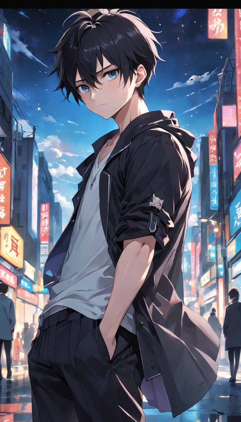 masterpiece、Adults、30Uncle of the generation、twinks、Forehead、30-years old、A dark-haired、Black jacket、Black pants、white t-shirts、Give bangs、Sticking out your forehead、twinks、Eyes drawn in detail、a handsome、Inside the city、starrysky、Mystical light、Dramatic light、Cinematic power、