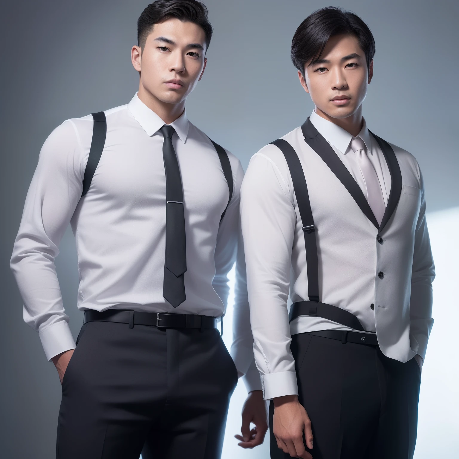 ((2 men)), two handsome asian men in business suits, (arms behind back:1.1, highly realistic hands, detailed hands),(realistic:1.7),((best quality)), High detail RAW color Photo, ((full body shot)), ((white background)), symmetrical, highly detailed, skin pores, skin imperfections, high detail hair, sharp body, detailed body, highly detailed face, handsome face, perfect lighting, shadows, sharp focus, 8k high definition, insanely detailed, intricate, masterpiece, highest quality