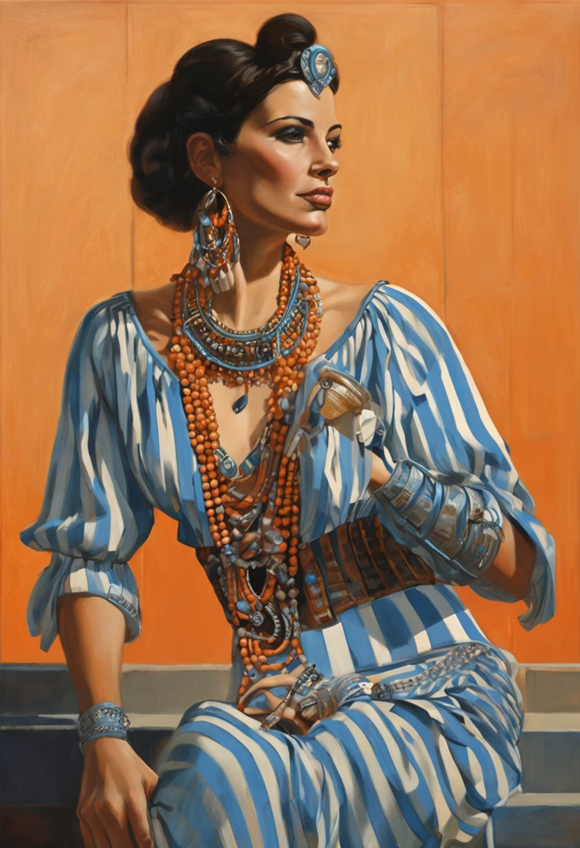 ", painting of a woman, Egyptian woman in costume, posing with jewelry, fantasy scenes, rim light, in the style of light orange and azure, ron embleton, victorian genre paintings, alejandro burdisio, curvilinear, peregrine heathcote, striped painting