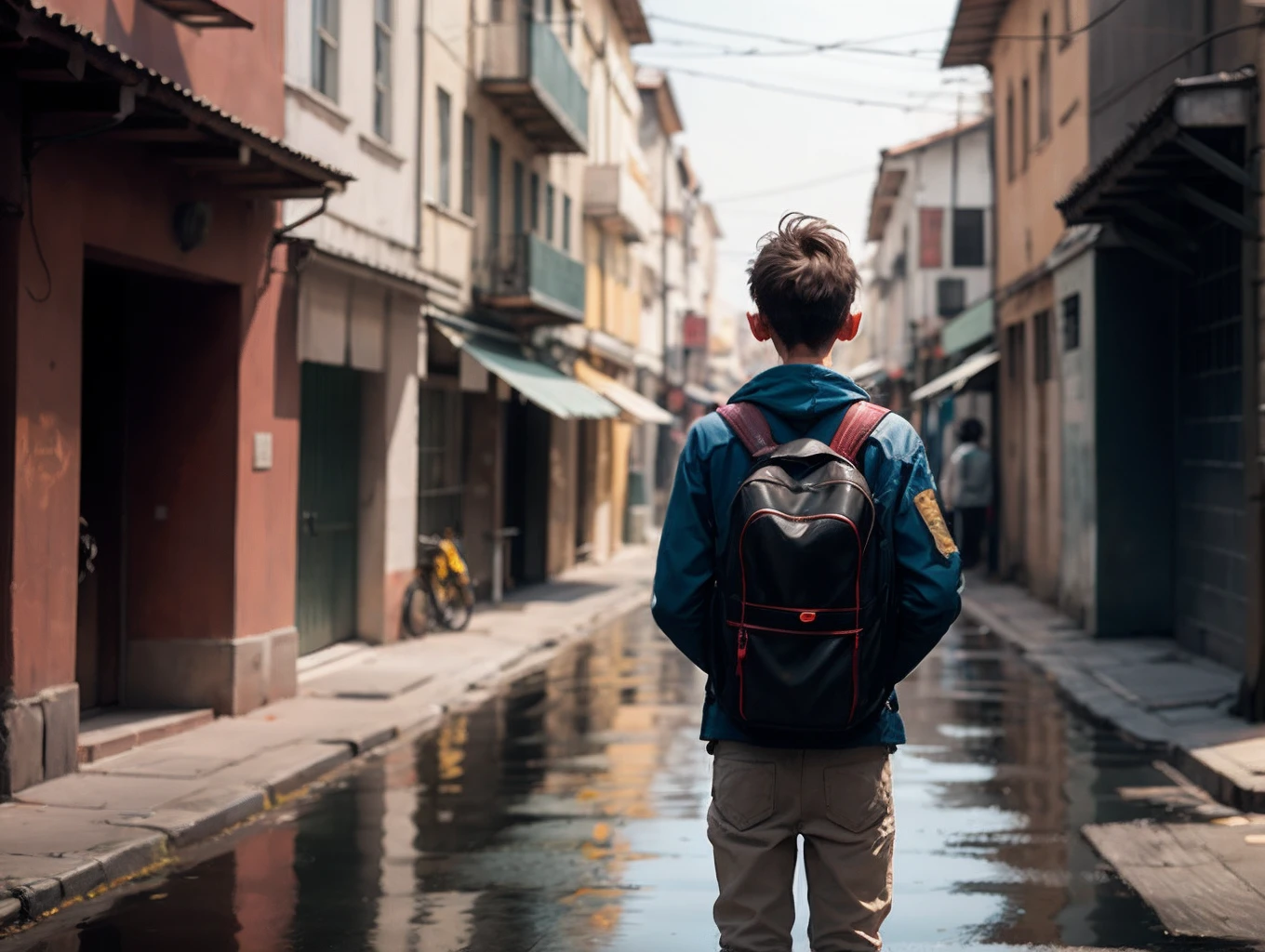 A boy with his back to the camera,Standing on the side of the street,Facing an intelligent factory