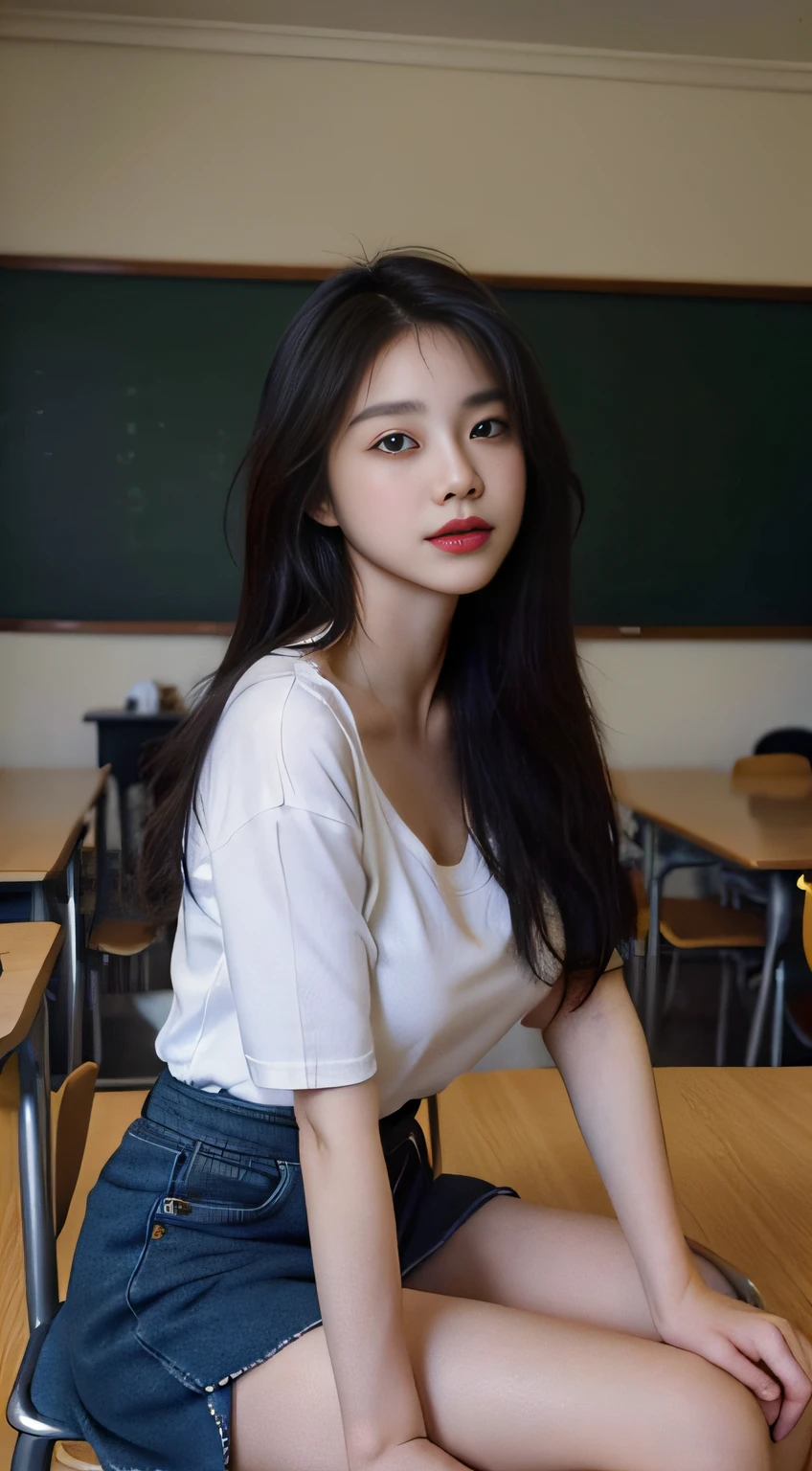 a RAW Photo of girl, (Masterpiece:1.5), Best quality, 超高分辨率, high detal, (Photorealistic:1.5), detail in face, Detailed eyes, Detailed face, 1girll, ((Solo)), full bodyesbian, (Medium breast:1.3), Pale skin, Quadriceps hair, school uniform, Short skirt, Long socks, in class room, improper sitting, Wide thighs, crotch visible, People looked at her, Focus on the viewer