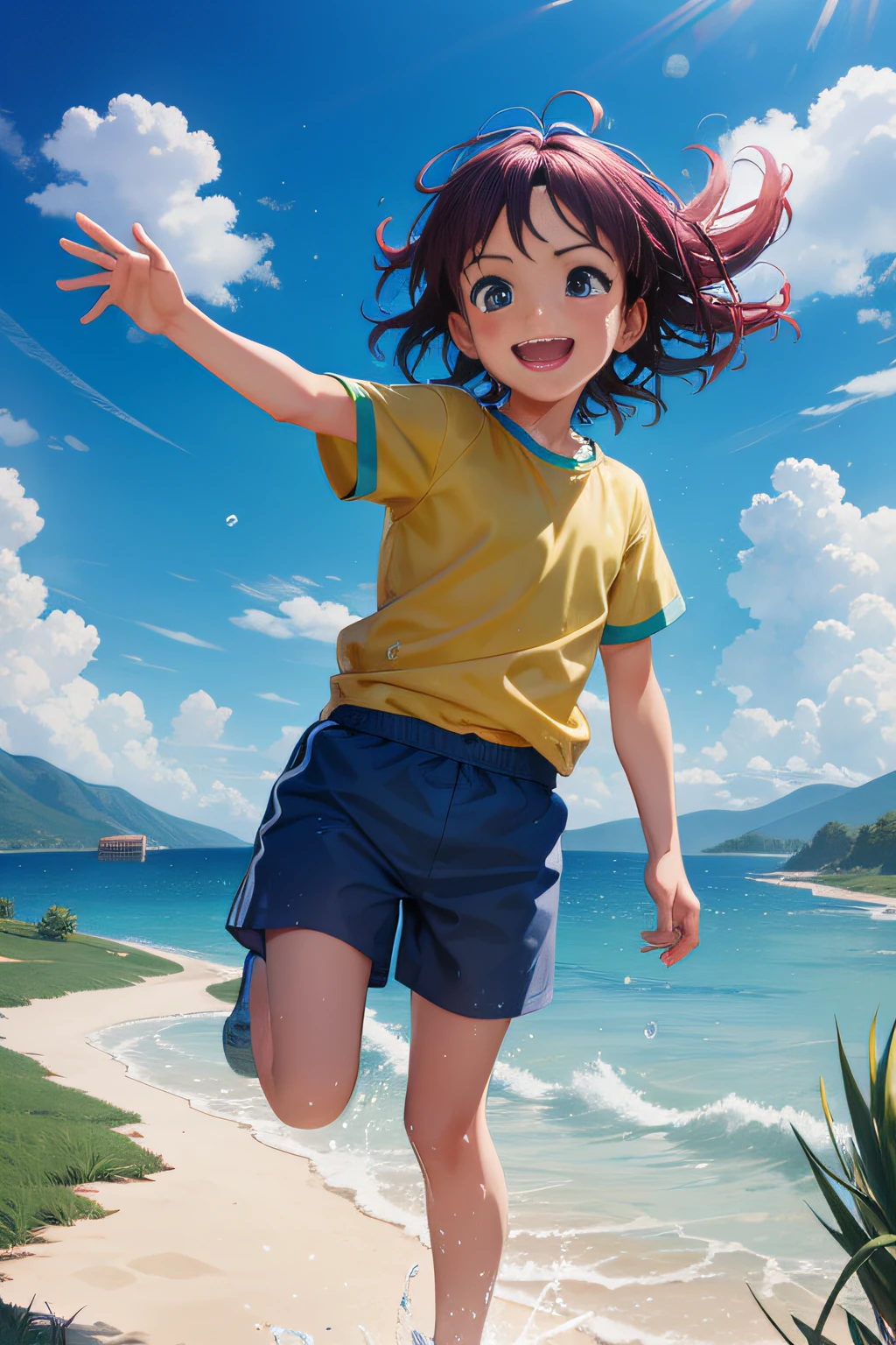 luca disney, Background: More vivid and saturated colors. Setting: A sequence of flashbacks that show moments from the protagonist's childhood playing and exploring. Animation: The protagonist is seen jumping in puddles of water, running across the field and laughing. Imagination and dream elements are incorporated, such as clouds that transform into animals and sandcastles becoming real.