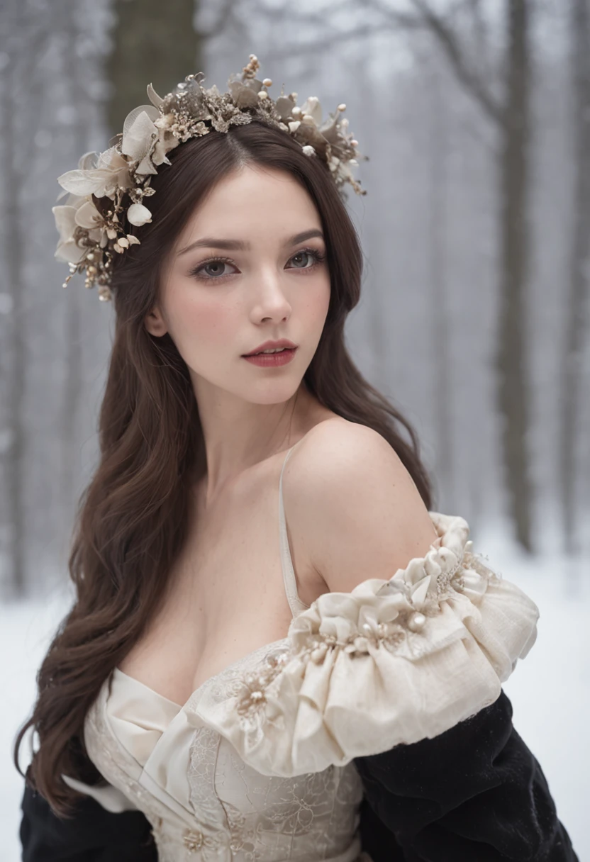 Male and female couples,In the white snow forest,dressed in a black coat,Girl in boy's arms,having fun,closeup cleavage