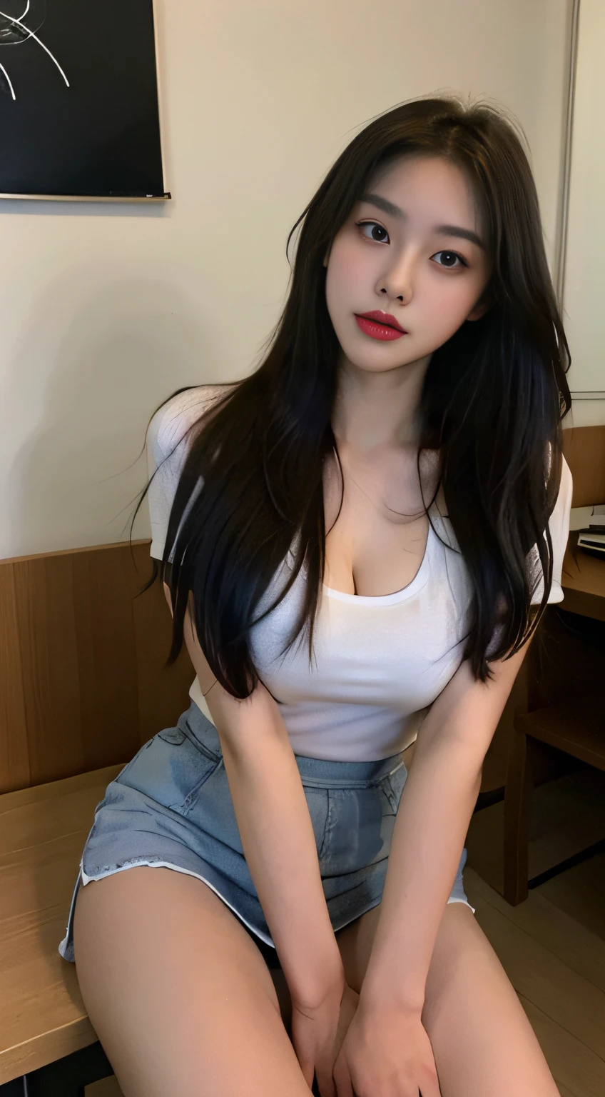 a RAW Photo of girl, (Masterpiece:1.5), Best quality, 超高分辨率, high detal, (Photorealistic:1.5), detail in face, Detailed eyes, Detailed face, 1girll, ((Solo)), full bodyesbian, (Medium breast:1.3), Pale skin, Quadriceps hair, school uniform, Short skirt, Long socks, in class room, improper sitting, Wide thighs, crotch visible, People looked at her, Focus on the viewer